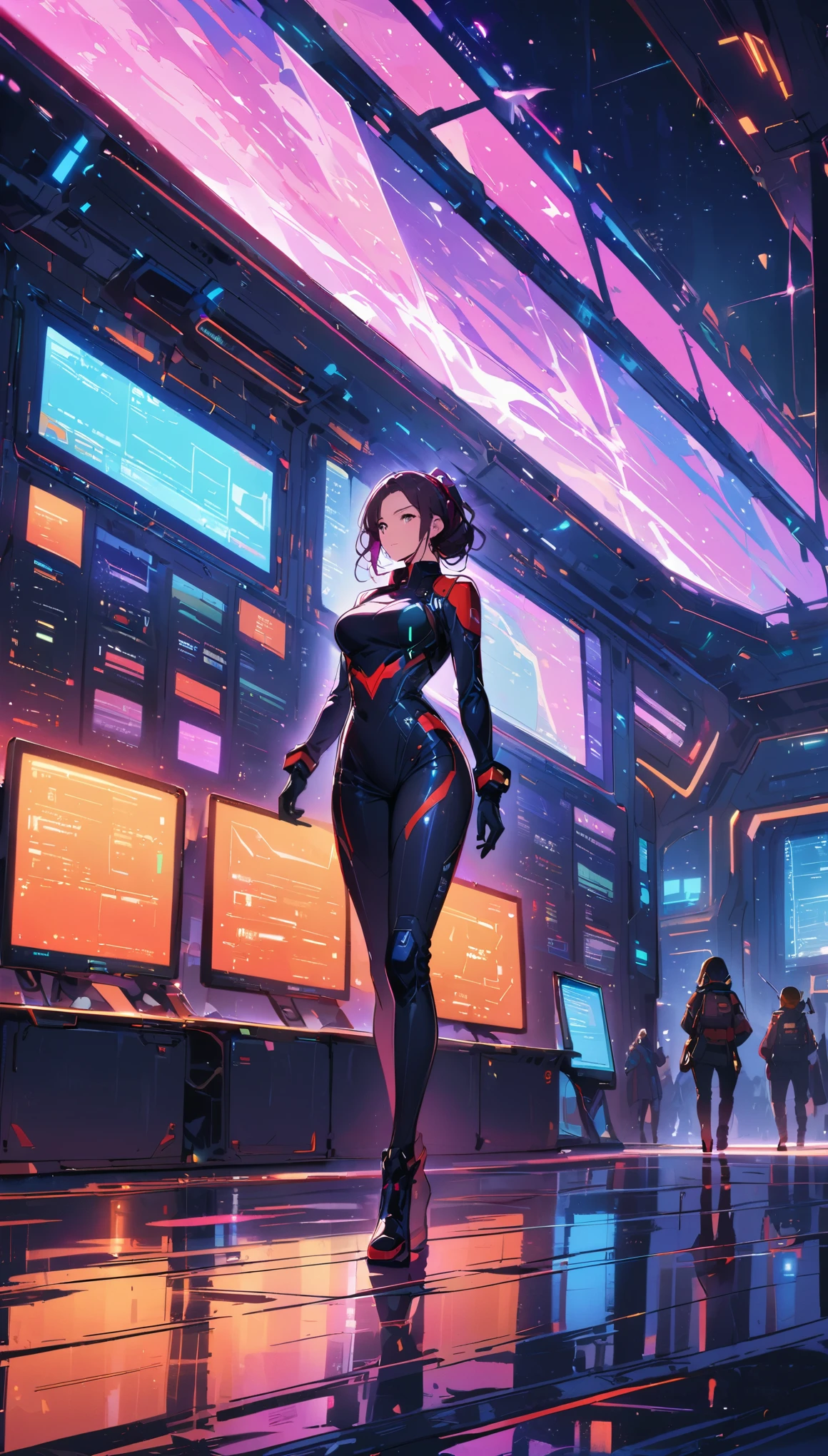 A spaceship female commander, sci-fi, detailed facial features, strong and confident posture, futuristic outfit, vivid colors, studio lighting, hi-tech control panel, space background, shining stars, sleek and modern spaceship design, advanced technology, bustling crew members, bustling command center, interstellar exploration, dynamic composition, high-contrast shadows, intense atmosphere.