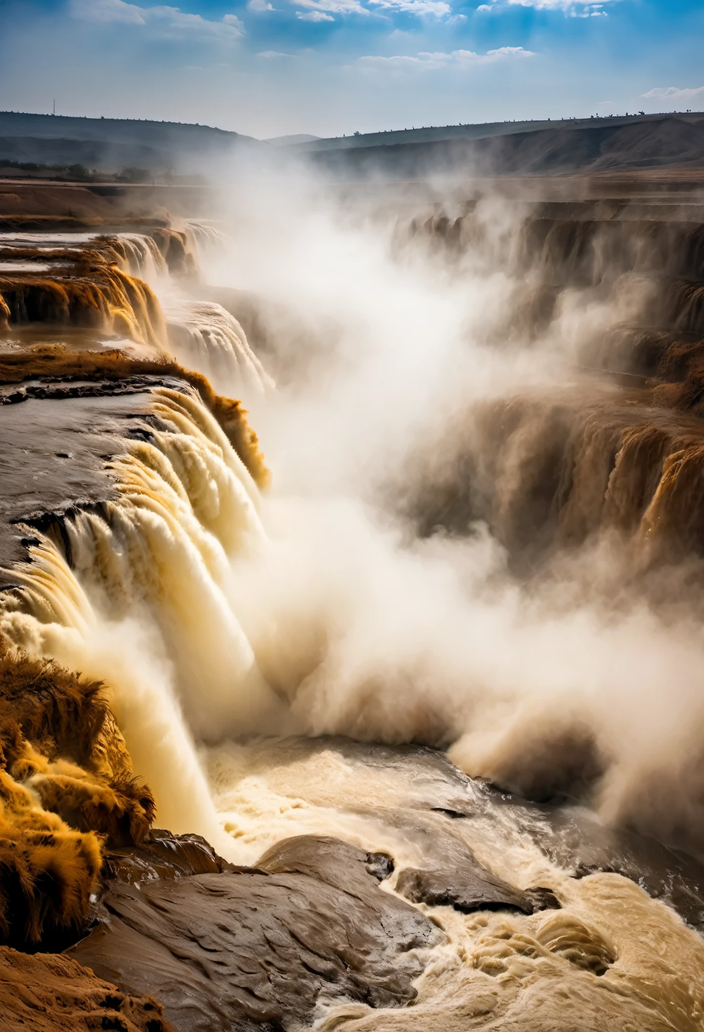 Hukou Waterfall landscape，Smoke rises from the bottom of the water，mud color，Take good care of the place where the Yellow River enters the sea &Quote;Hukou&Quote;，fast turbulence，stir up water mist，Soar in the sky，Steaming clouds reach the sky，Like billowing smoke rising from the bottom of the water，ten miles away。Sunset，actual photography，epic graphics，super high quality，Beautiful details，