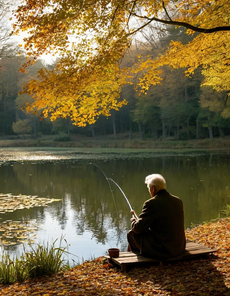 Sunset in the Golden Pond, American cinema, Old man Henry Fonda sat on a short wooden stake by the pond, fishing, autumn, forest, fine lines in rippling water, Fallen leaves fall to the ground, Golden pond, Katharine Hepburn, peaceful atmosphere, enchanting autumn colors, Soft sunlight filtering through the trees, Quiet and peaceful scene, There are towering trees around the pond, blue sky, Quiet and peaceful atmosphere, faint rustling of leaves, Peaceful and soothing environment, antique wooden fishing rods, the autumn wind gently blowing the old man's hair, rustling
