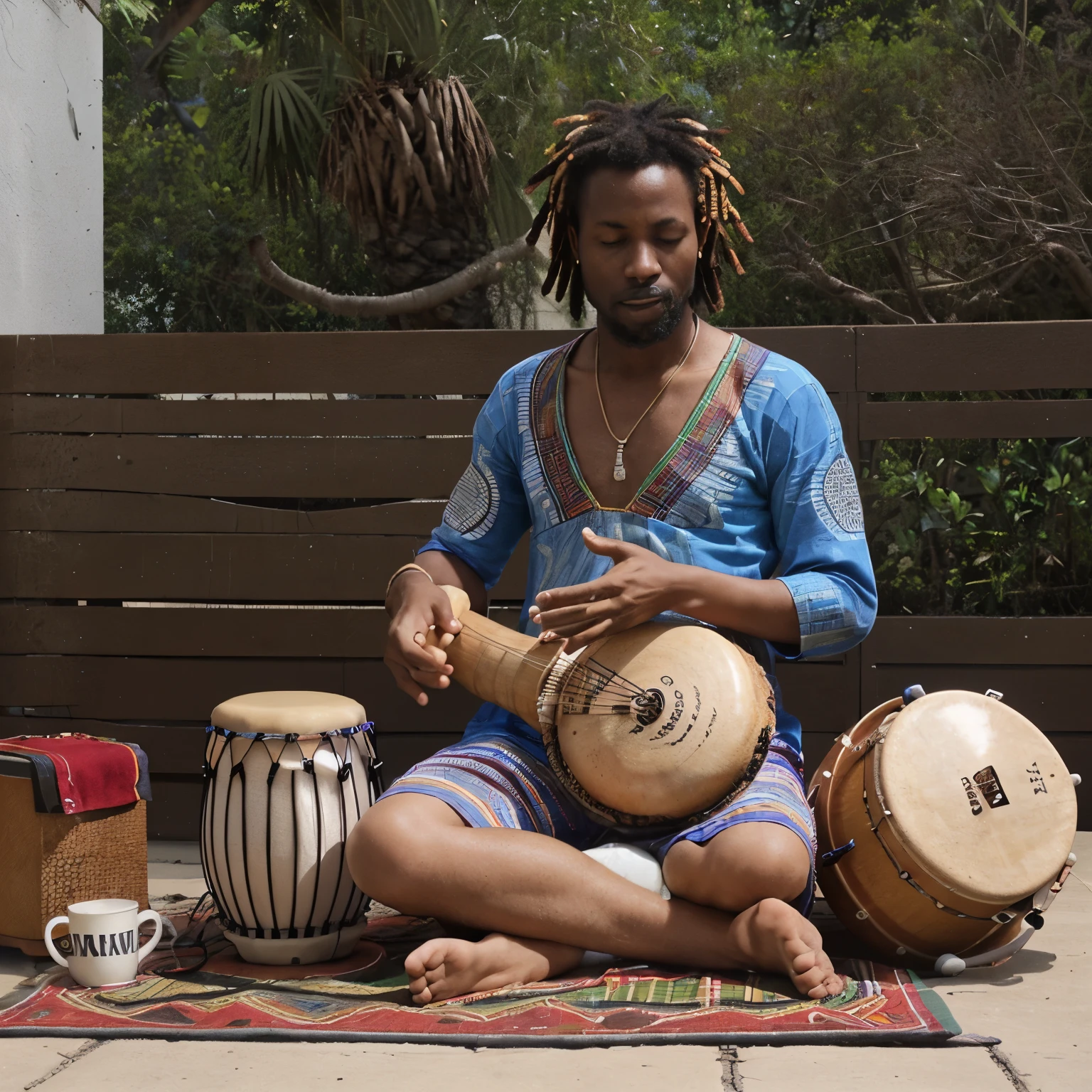 male musician,play djembe and congas,macbook, spiritually clothes