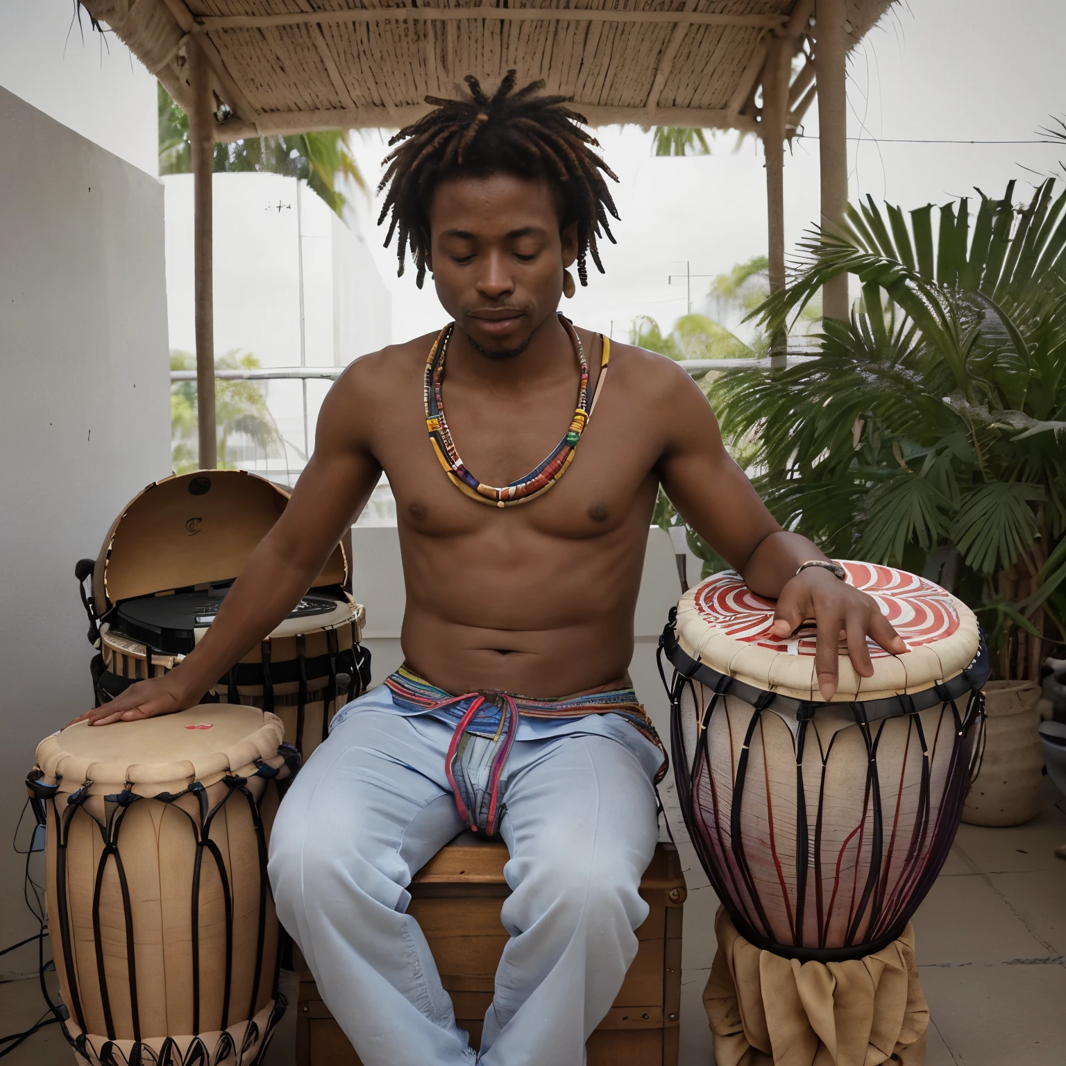 male musician,play djembe and congas,macbook, spiritually clothes 