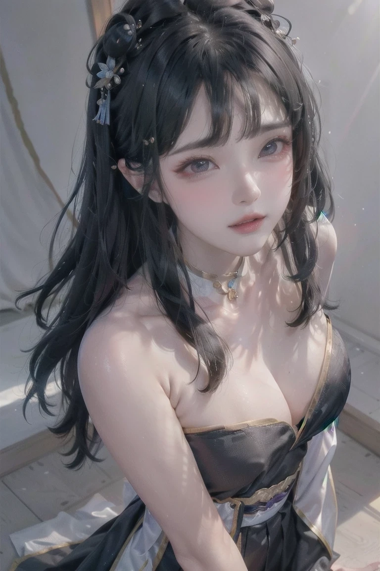 masterpiece, black_hair, 1 girl, looking at the audience, long_hair, nail_polish, solo, ancient art, Chinese,(8k, best quality, masterpiece:1.2), (realistic, realistic:1.2), (background sky: 1.2), (face close-up: 1.7), looking at the audience, hanfu, 1girl, (purple flower pine ink: 1.1), face close-up, detailed face, hanfu, song, long shan, pleated skirt,cinematic lighting, motion blur, ray tracing, god rays, bloom, drop shadow, close-up, lens flare, UHD, masterpiece, ccurate, anatomically correct, textured skin, super detail, high details, high quality, award winning, best quality, highres, 16k, HD, face close-up, close-up, close-up, accurate, correct hand, (anatomically correct: 1.5),