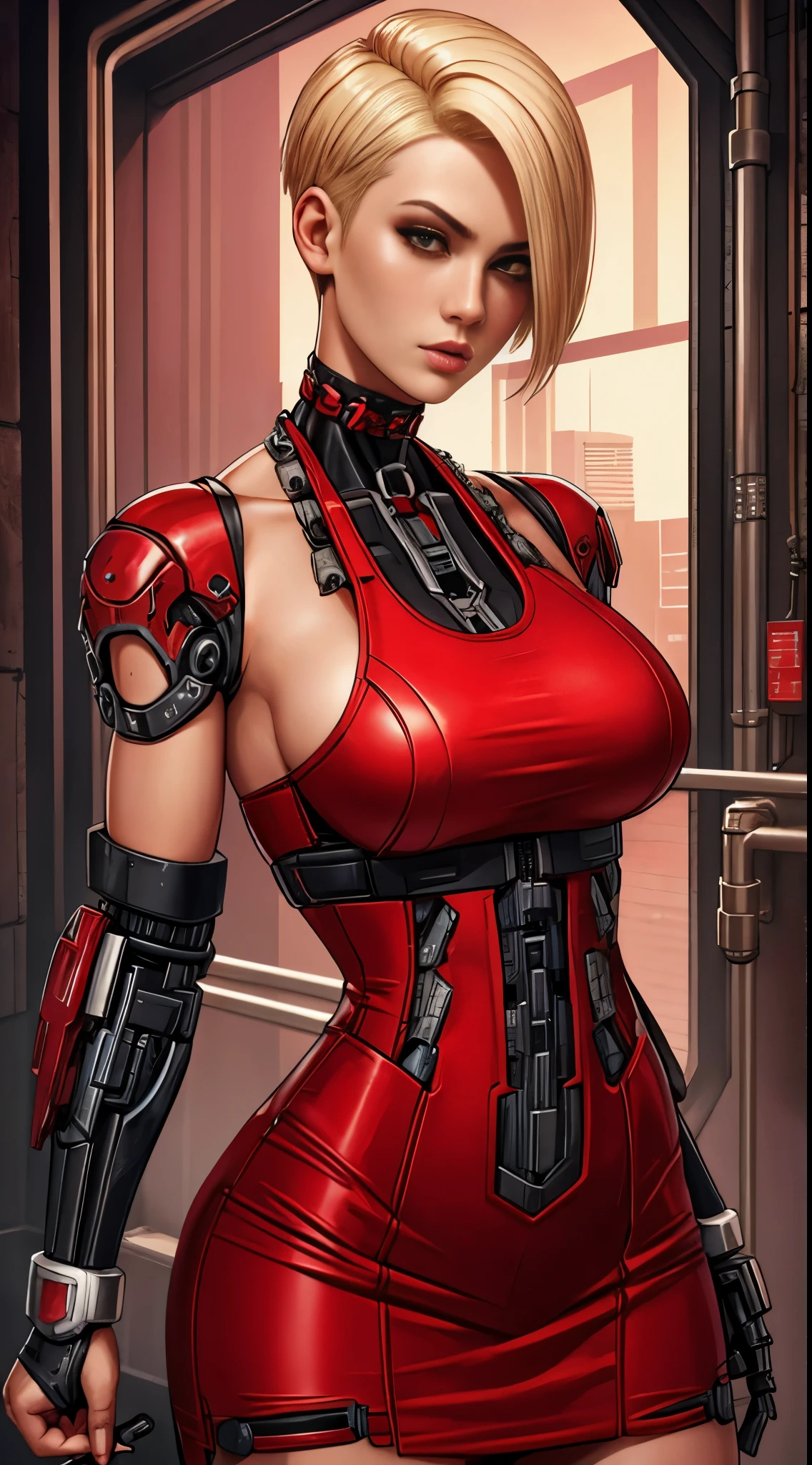 short red dress, undercut platinum bobcut  blonde hair, small breasts, fit, muscular, short hair, mercenary, boob window, chain choker, full body shot, cybernetic, cyberpunk, mechanical parts