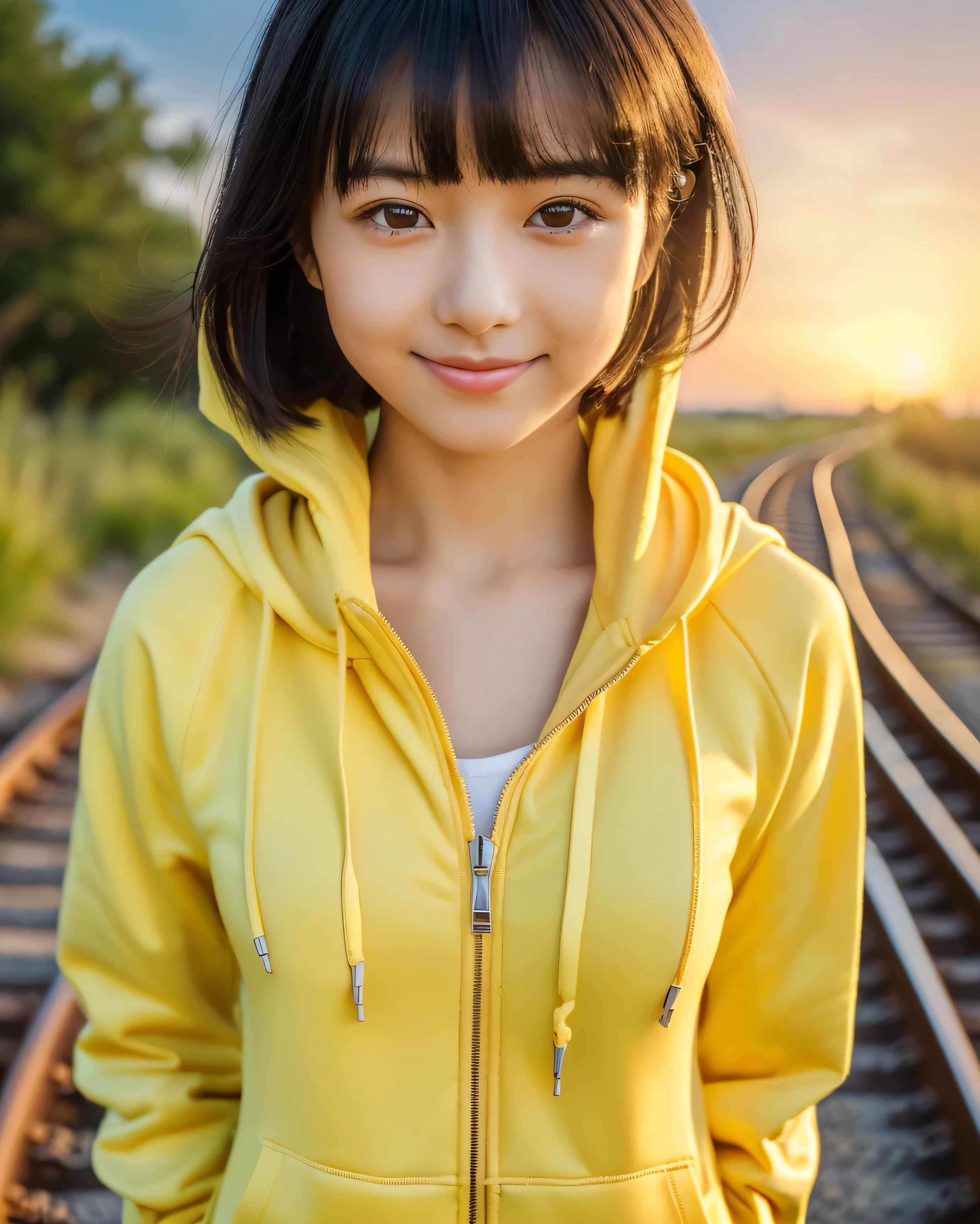 ((highest quality, 32k, High resolution, masterpiece:1.5, ), Railway line that stretches to the horizon, nostalgic light landscape, beautiful japanese girl, very beautiful face, Walking along the railroad tracks, , shiny black hair, beautiful short hair, beautiful bangs, hair between eyes, big magical eyes, clearly double, pale pink lips, gentle smile, (Yellow Zip Hoodie), Detailed and perfect clavicle, ((High resolutionの美しい太もも, beautiful feet), beautiful detailed sky, professional photographer, professional lighting, Professional models