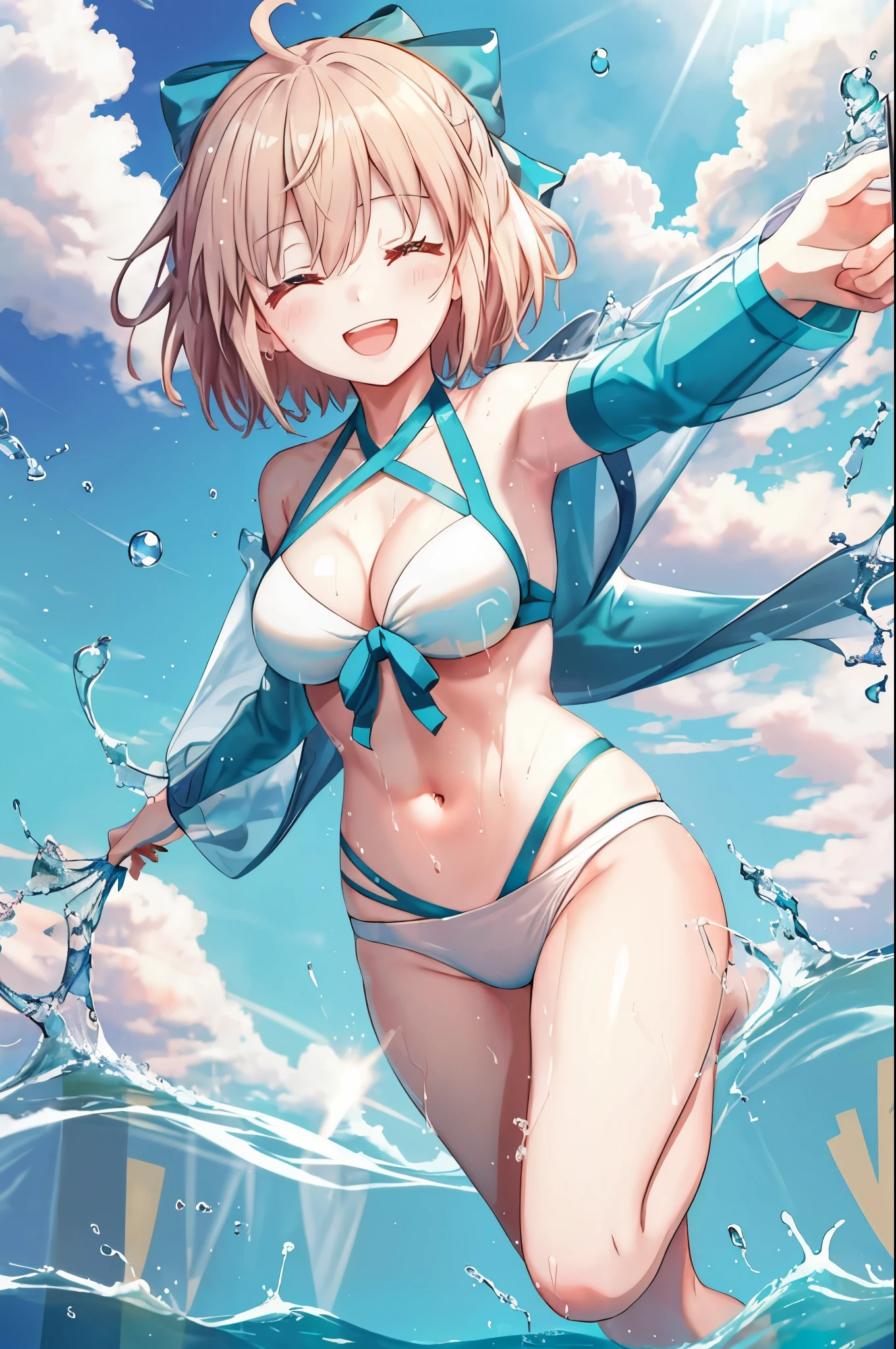masterpiece, best quality,extremely detailed CG unity 8k wallpaper,
1girl,okita souji \(fate\), swimsuit,bikini,
smile,open_mouth,dynamic_jumping,sunlight,splash_of_water,happy,closed_eyes,selfie