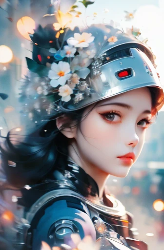 Highest image quality, Excellent details, ultra high resolution, (Fidelity: 1.4), best illustrations, Offer details, Highly concentrated 1girl, Has a delicate and beautiful face, Wearing black and white mecha, Wearing a mecha helmet, holding direction controller, riding a motorcycle, The background is a high-tech light scene of a futuristic city.