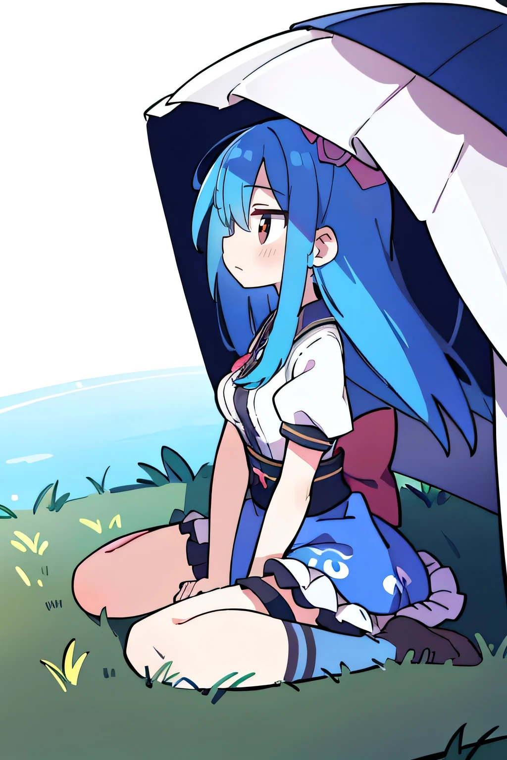(masterpiece),best quality, expressive eyes, perfect face,sit, sit on ground, Legs on the ground, 1girl,
Big breasts, H cup, Good breasts, Put your hands on your waist,fair, Gorgeous,Japanese cartoons,girl,lola,Hina Angel, blue hair, blue haired,tent , tent chest, tent breast, floating clothes