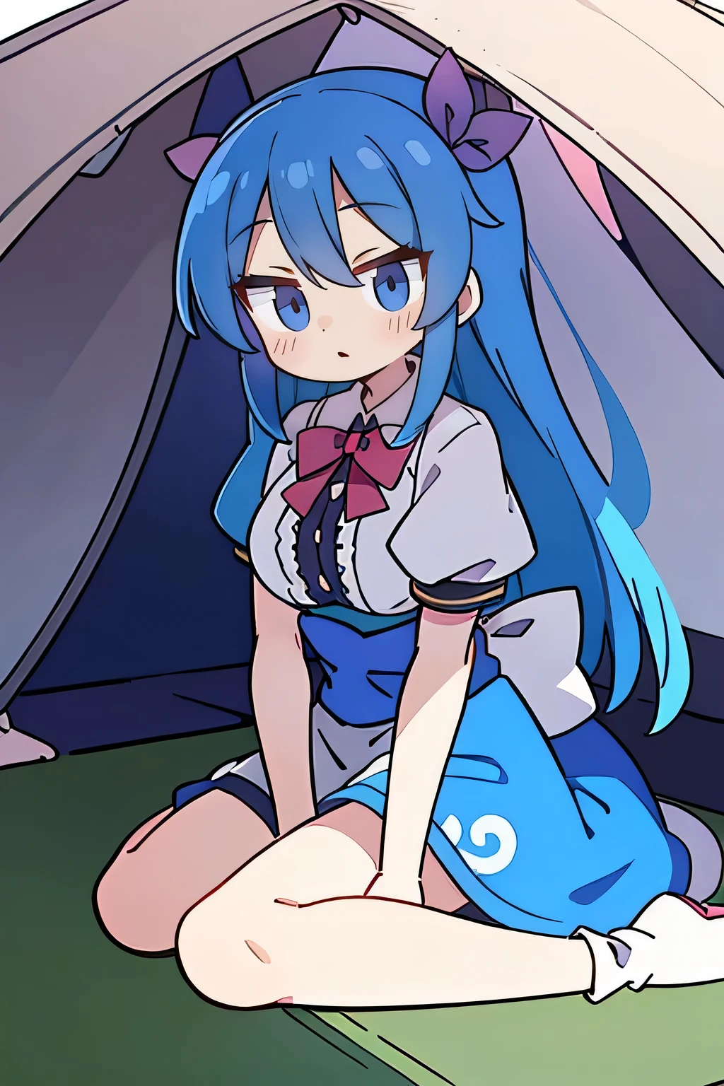 (masterpiece),best quality, expressive eyes, perfect face,sit, sit on ground, Legs on the ground, 1girl,
Big breasts, H cup, Good breasts, Put your hands on your waist,fair, Gorgeous,Japanese cartoons,girl,lola,Hina Angel, blue hair, blue haired,tent , tent chest, tent breast, floating clothes