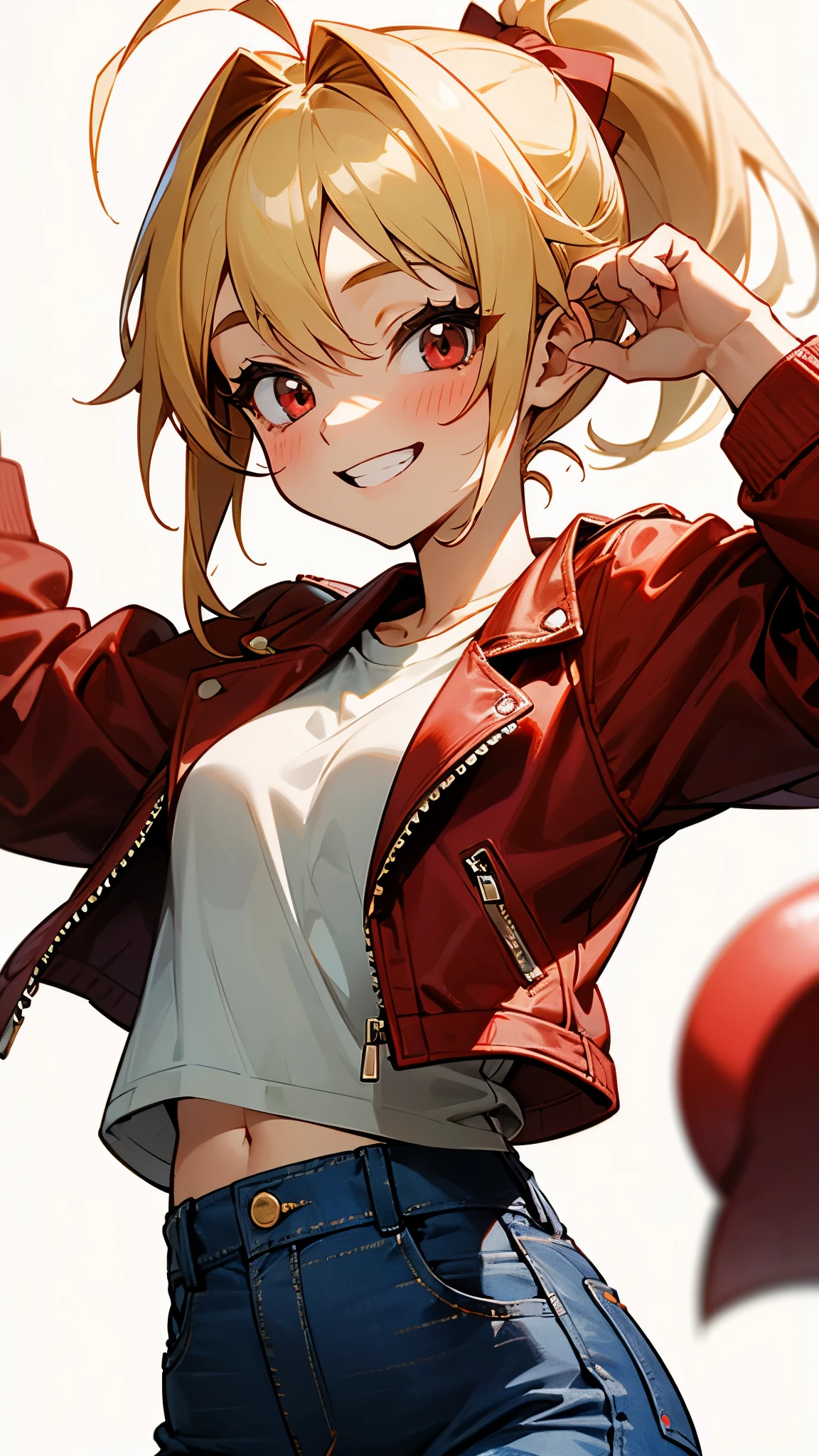 17 year old girl、blonde ponytail、Ahoge、big round red eyes、grin、white t-shirt、red leather rider jacket、blue jeans pants、upper body close-up