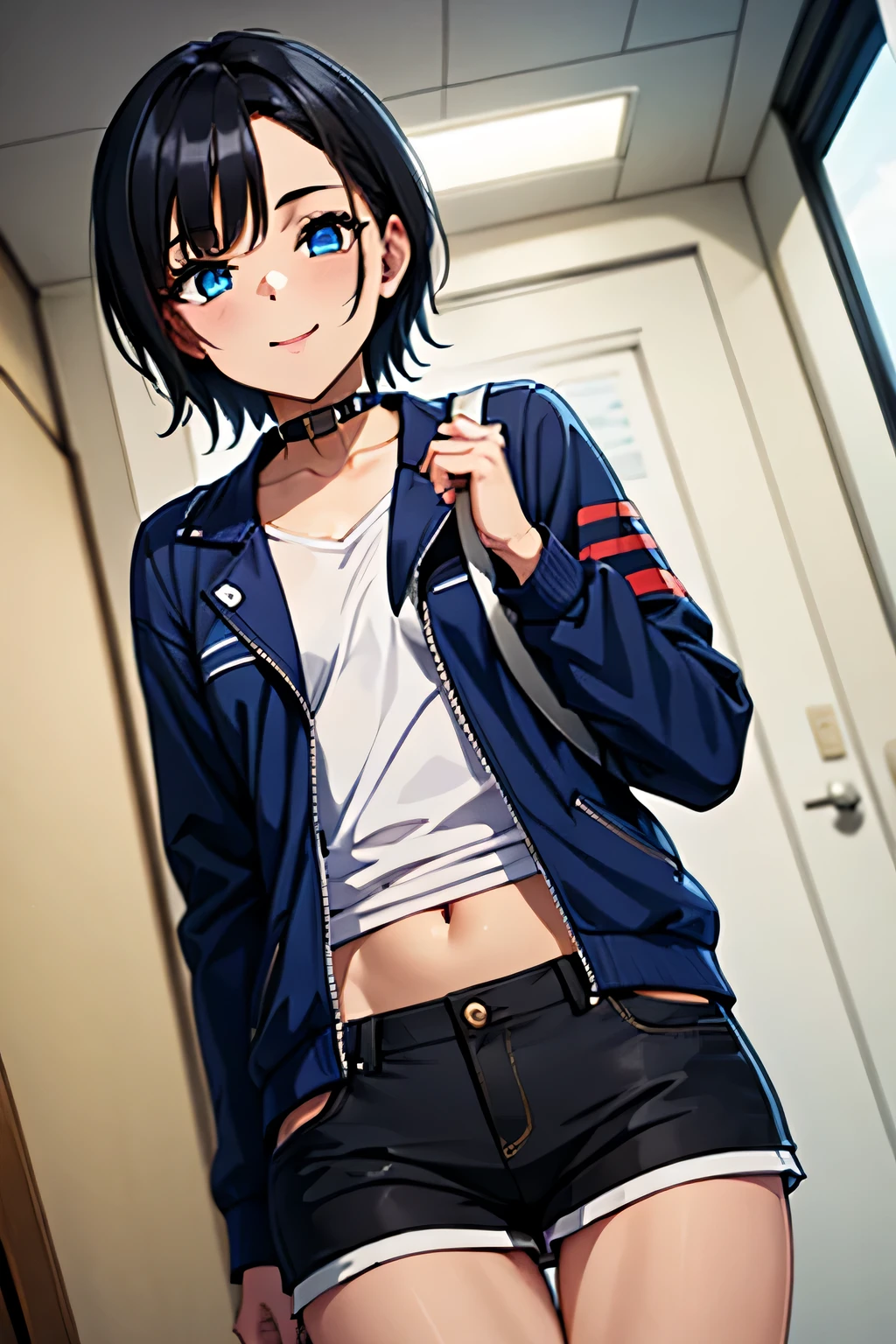 ((masterpiece)), (bestquality), ((ultra-detailed)), ((cinematic lighting)), depth of field, (dynamic angle),detailed lighting, (beautiful detailed blue eyes), 1girl, handing over a package, short black hair, tanned skin, Choker, tomboy, top and shorts, Jacket, smile, navel, small bust, Package in Hand: 1.4 , Delivery girl: 1.2, Delivery,