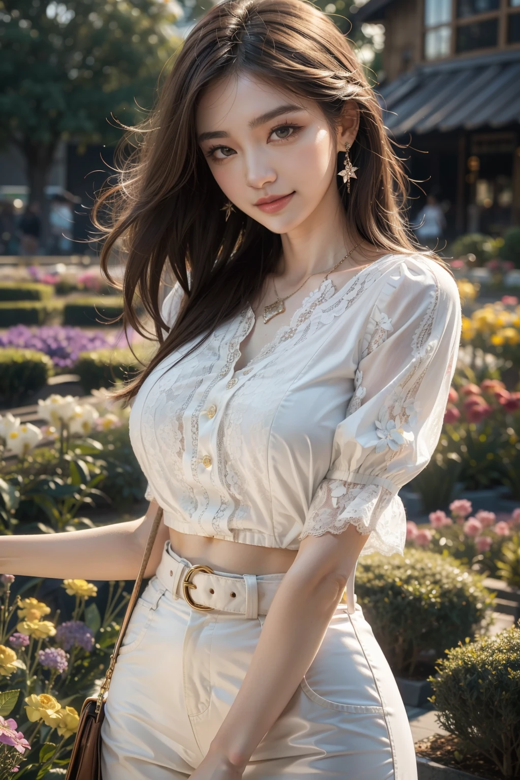 8k Raw Photo:1.5, June scenery, masterpiece, Ultra high definition, Beautiful woman, Long Hair, Brown Hair, Medium chest, Ultra-high resolution, blue eyes, White blouse, hot pants, Neon Red Heart Necklace, View your viewers, night, Colorful hydrangea flowers bloom,