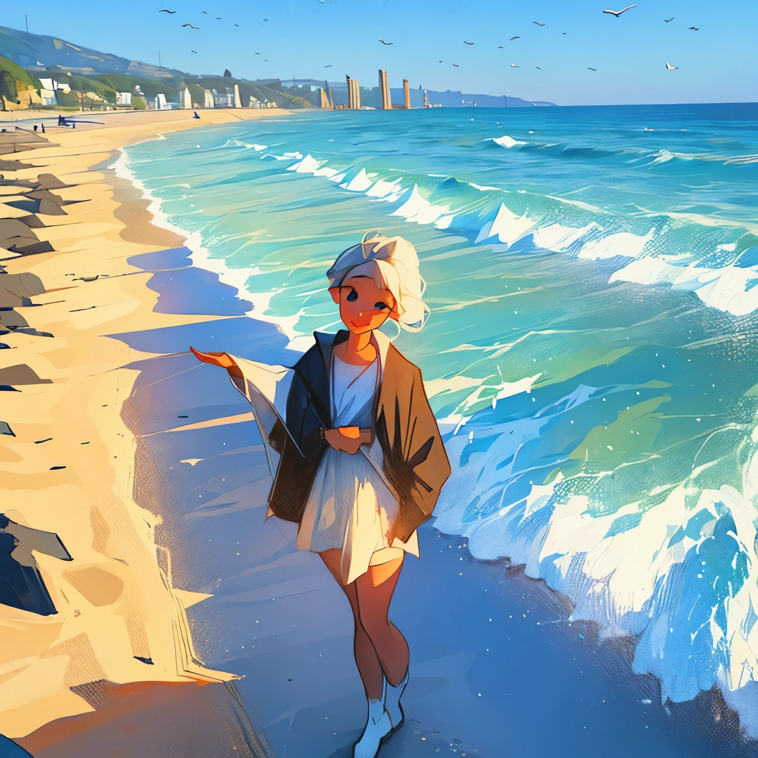 Anime girl walking on the beach with a hat and sunglasses - SeaArt AI