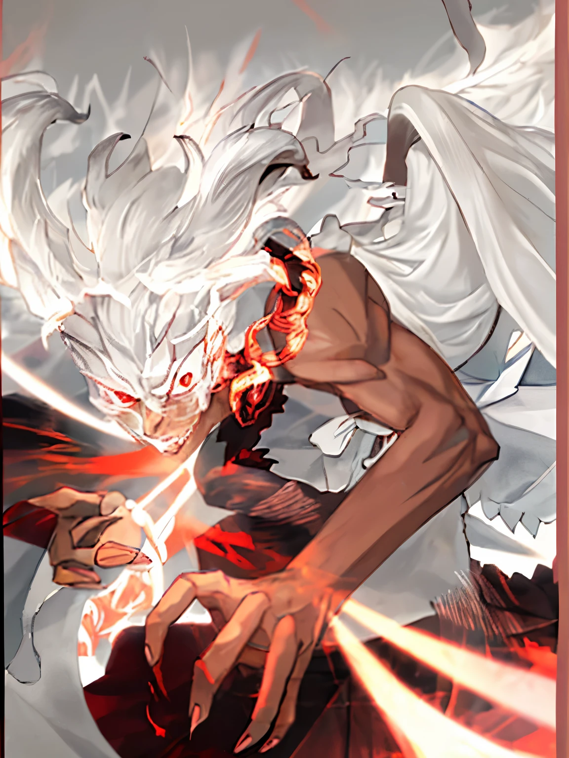 Dark-skinned, white hair, bright white eyes, wings on the back, hand on fire, fighting stance, Reddish Aura