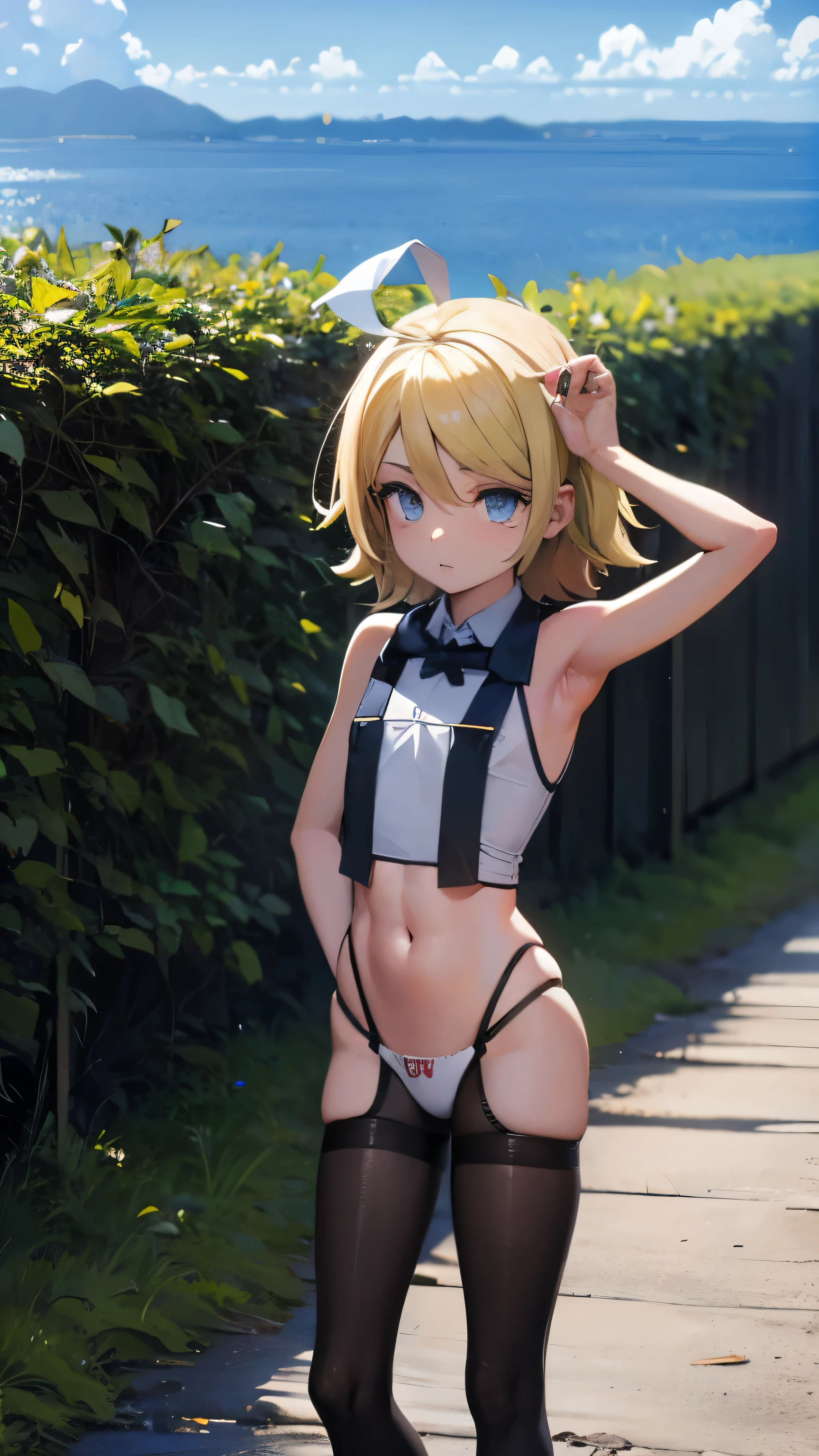 Kagamine rin , mini falda , bragas a la vista , rostro apenado , mejillas ruborizadas , viendo al espectador , imagen de cuerpo completo , (perfect body proportion)