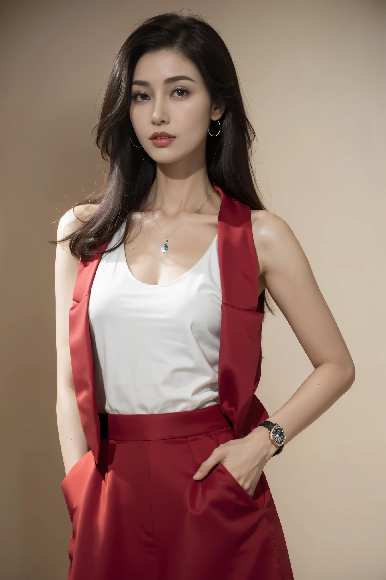 Beautiful girl in red blazer, cleavege, (mid shot), White tank top, Best quality at best, lamplight, ultra - detailed, Dark brown mid-long fashion hair, wearing necklac with small charm, wearing small earrings, A high resolution, 8k wallpaper, Perfect dynamic composition, beautidful eyes, Natural lips, black skirt,Put your hands in your pockets