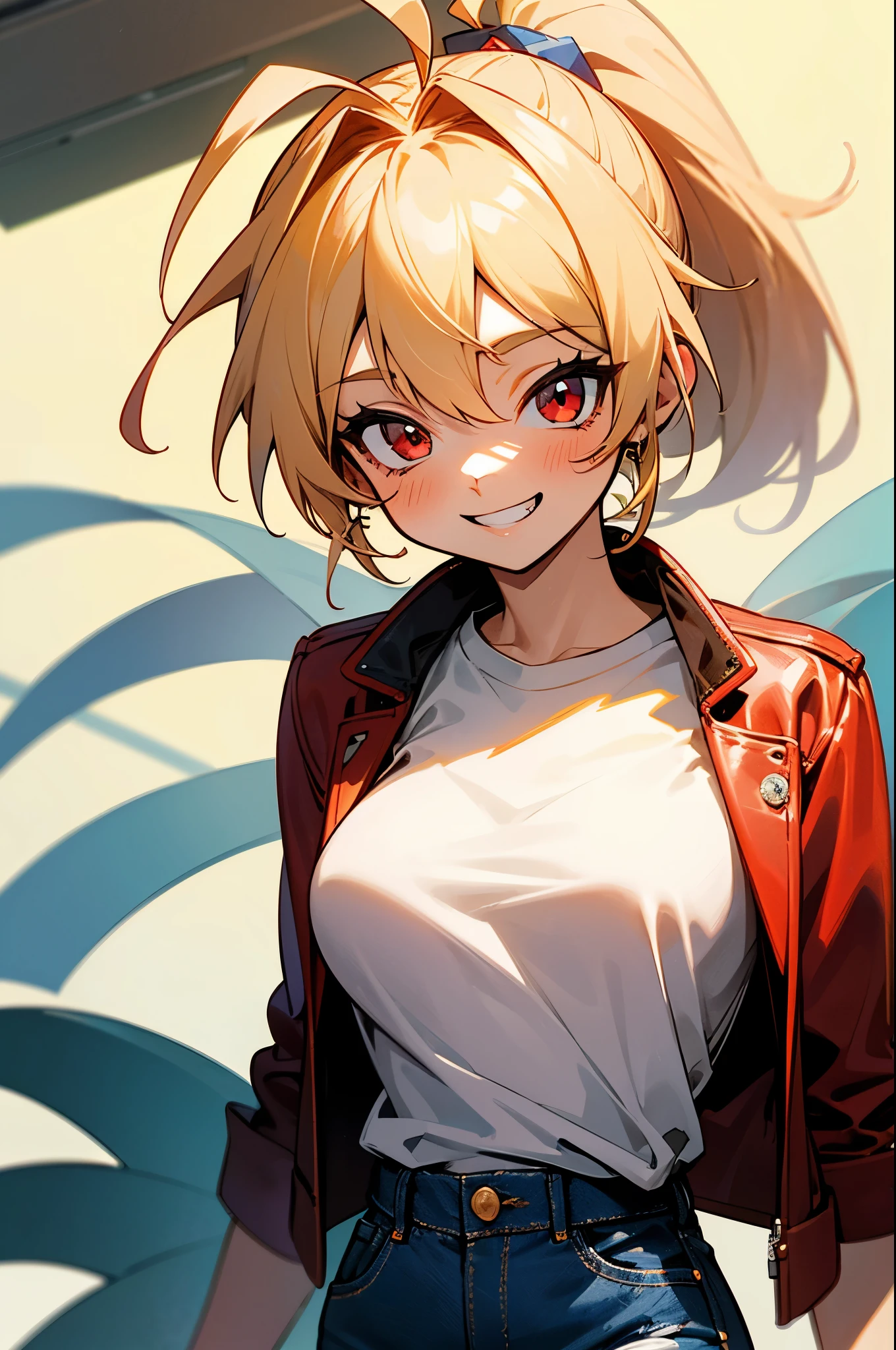 17 year old girl、blonde ponytail、Ahoge、big round red eyes、grin、white t-shirt、red leather rider jacket、blue jeans pants、upper body close-up