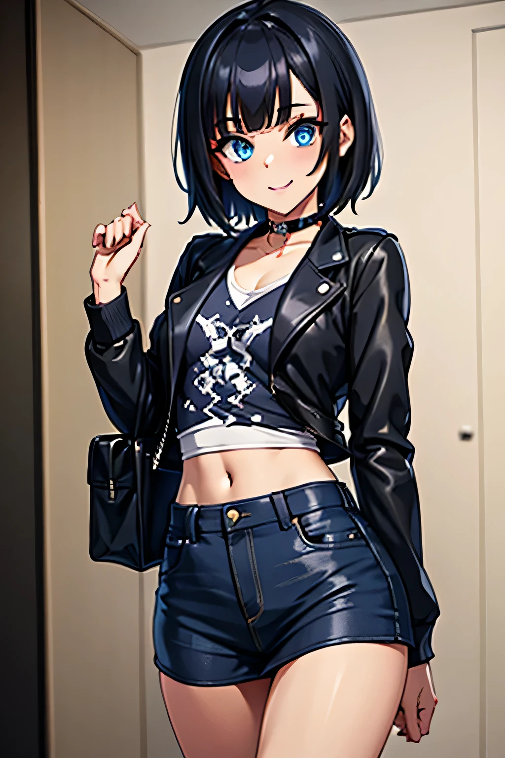 ((masterpiece)), (bestquality), ((ultra-detailed)), ((cinematic lighting)), depth of field, (dynamic angle),detailed lighting, (beautiful detailed blue eyes), 1girl, Punk Girl:1.4, goth girl:1.4, handing over a package, short black hair, tanned skin, Choker, tomboy, top and shorts, Jacket, smile, navel, small bust, Package in Hand: 1.4 , Delivery girl: 1.2, Delivery,