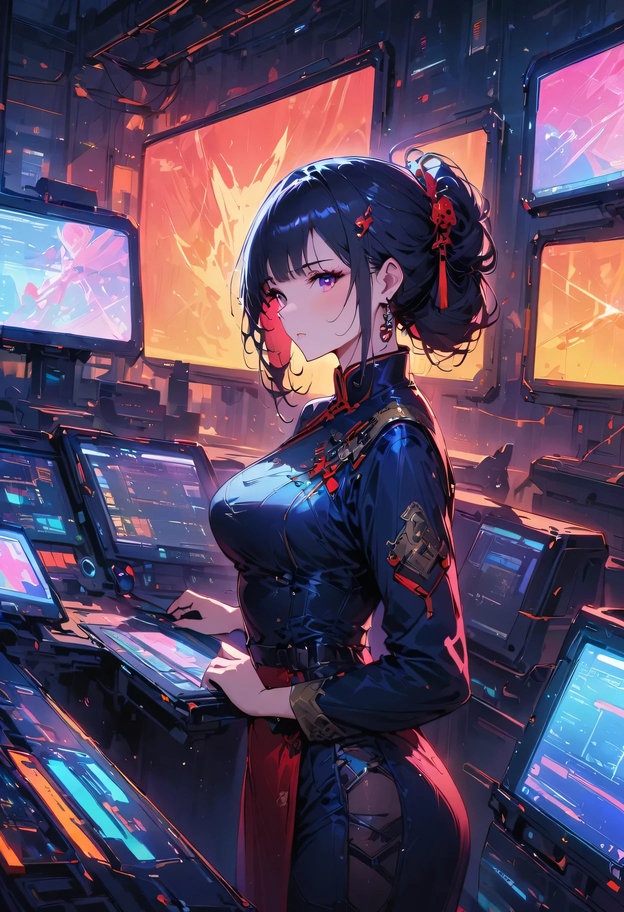 (Highest resolution, clearly_image), best quality, masterpiece, Very detailed, semi-realistic, black short hair, Mature female commander wearing Chinese clothing, triple bangs, black, black pleated skirt, Uniform, spaceship space, control room, cyberpunk