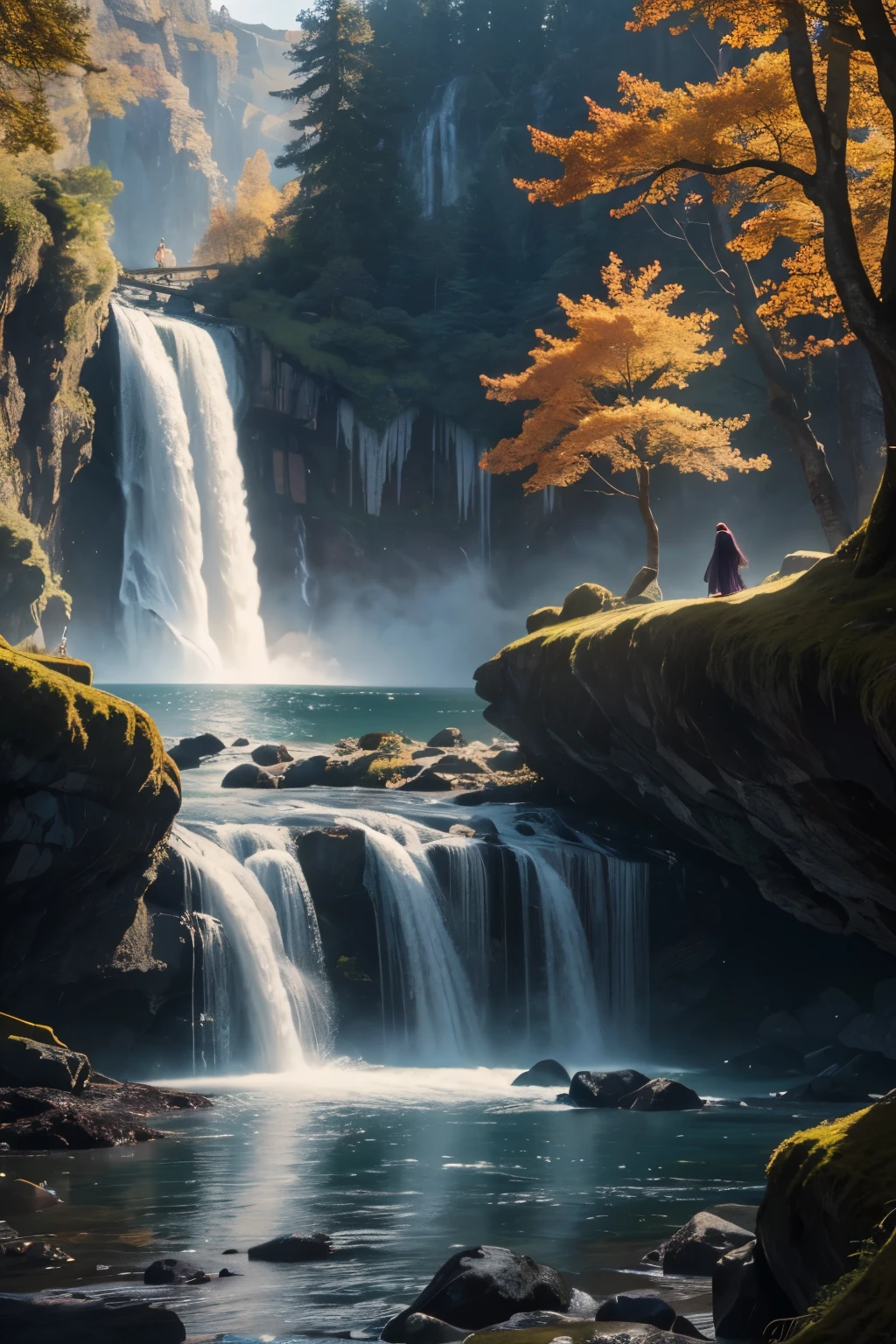 (best quality,4k,8k,highres,masterpiece:1.2),ultra-detailed,(realistic,photorealistic,photo-realistic:1.37),A young,strong,mystical male,with long white hair and orange streaks,with black horns,red/orange eyes,dressed in a flowing black cloak,standing on a rocky cliff overlooking a vast and magical landscape with towering mountains,purple mist swirling around,illuminated by a soft golden light.The air is filled with a sense of mystery and enchantment,as if a powerful spell has been cast.The male's face exudes wisdom and power, his expression calm yet intense, showing determination and a touch of melancholy.The surroundings are adorned with ancient ruins covered in moss, trees with glowing leaves, and sparkling waterfalls cascading down cliffs.