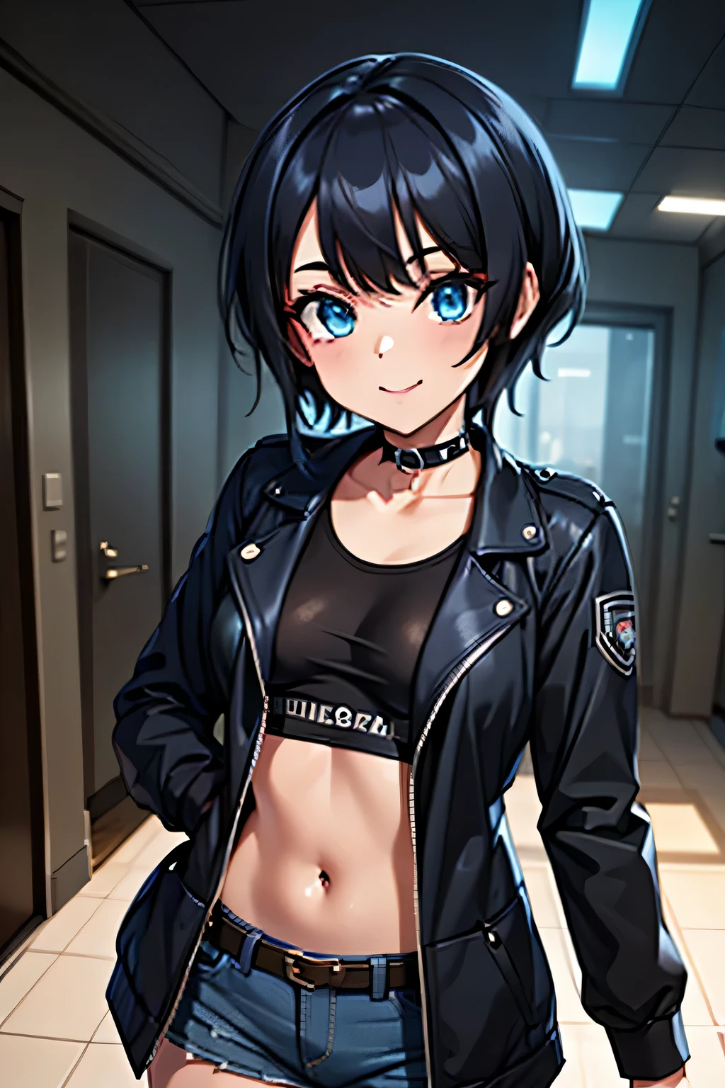 ((masterpiece)), (bestquality), ((ultra-detailed)), ((cinematic lighting)), depth of field, (dynamic angle),detailed lighting, (beautiful detailed blue eyes), 1girl, Punk Girl:1.4, goth girl:1.4, handing over a package, short black hair, tanned skin, Choker, tomboy, top and shorts, Jacket, smile, navel, small bust, Package in Hand: 1.4 , Delivery girl: 1.2, Delivery,