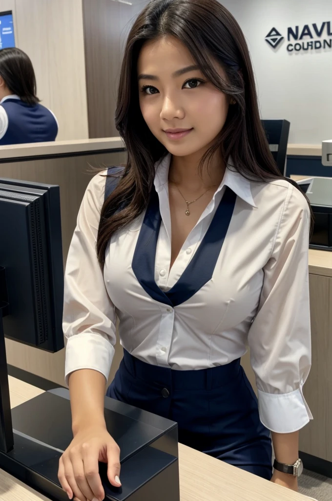 Female bank clerk sitting behind the counter at a bank teller、白いシャツブラウスの上にwearing a navy vestビジネスユニフォーム、(wearing a navy vest:1.5), (He wears a plastic name plate on the chest of his vest.), unbuttoning shirt blouse、A sexy bra is visible from the chest of the shirt blouse that is wide open.、