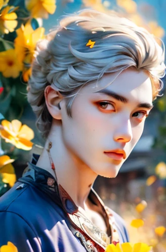 high detail, clear, 8 gm, Young lad, 18 years old, light gray hair, short hairstyle, yellow eyes, Stand on the fire, realism, fantasy,