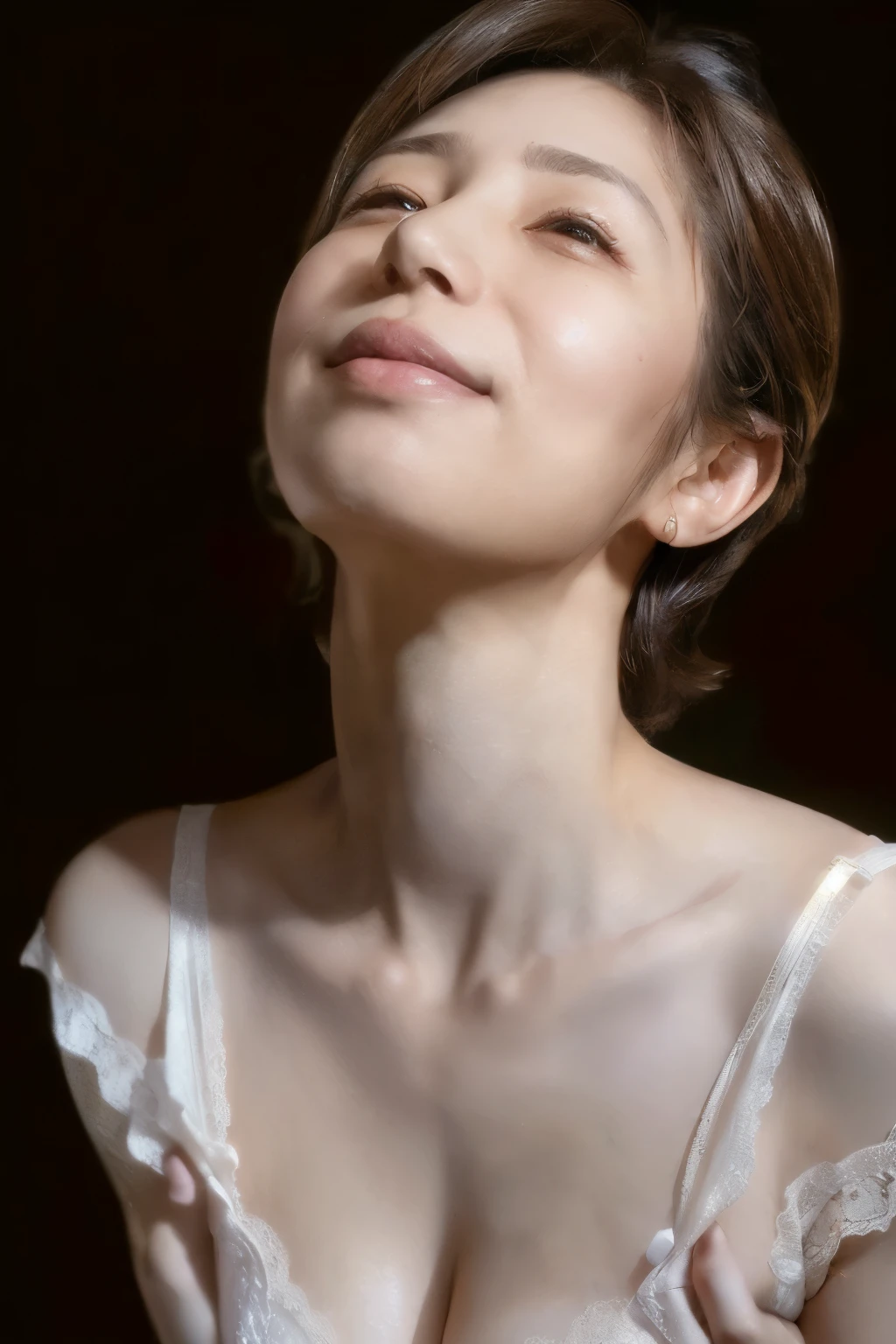 NSFW, ((Top Quality)), ((8K)), ((Masterpiece: 1.3)), (Perfect Appearance), (Photorealism: 1.2), ((Unrealistic Composition)),

Japanese woman, (52 years old), married woman, ((Realistic skin texture 1.8)), (Fine wrinkles throughout the skin: 1.3), (Dull skin: 1.1), (Skin without moisture: 1.2) , (Wrinkles on the face: 0.9), (Wrinkles on the corners of the eyes: 1.2), Double eyelids, tear bags on the lower eyelids, (Crying moles: 0.9), Lips are thinly opened, Smiles gently, (Dimples: 1.2), Short hair,

(White lace bra: 1.2), (Lace panties:1.2), small breasts, small breasts, pumps, (super low angle: 1.6), (Angle looking up at the woman from below: 1.6), (Standing posture), (legs shoulder-width apart), ((whole body:1.3)),