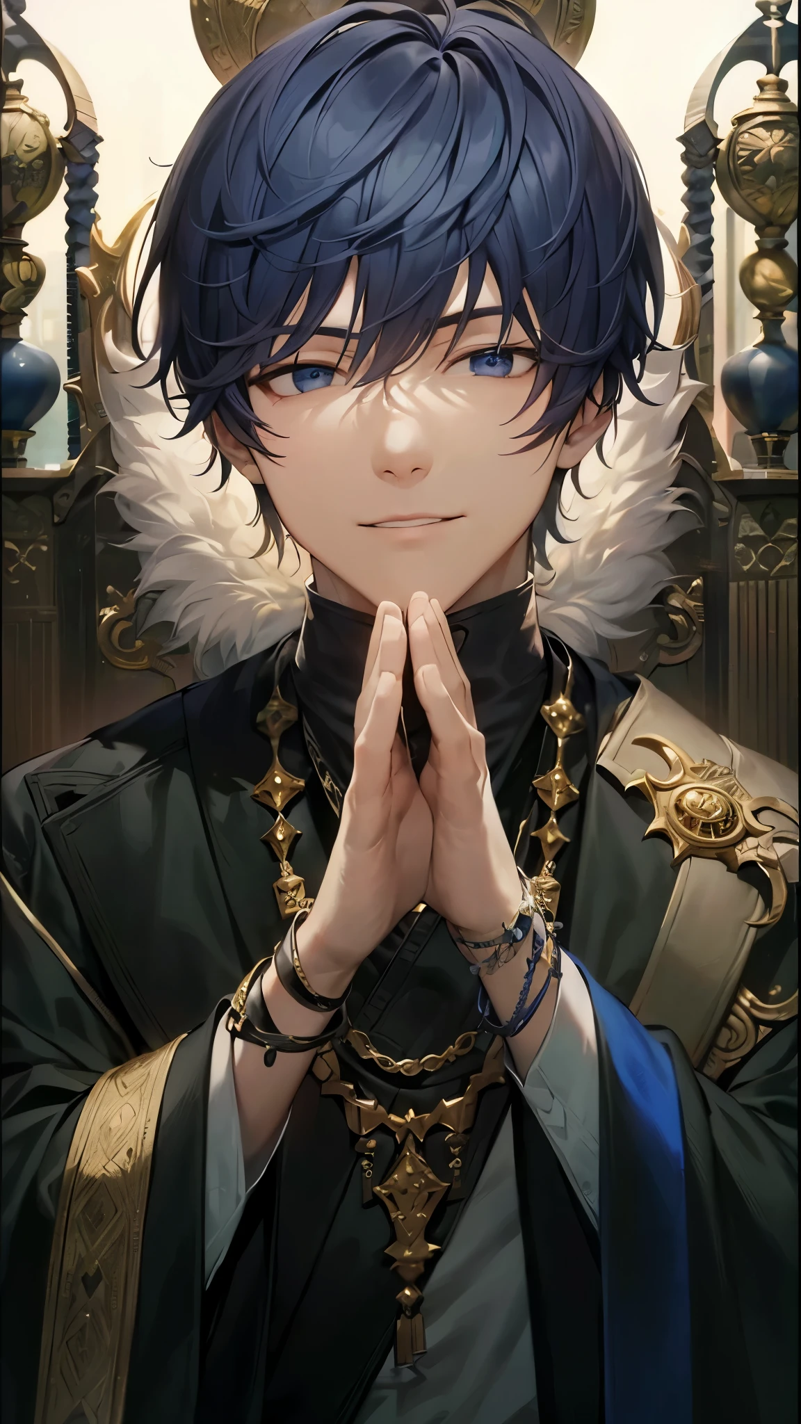 a handsome guy、serious expression、please close your mouth、hands together、cool look、manly、Highly Detailed CG Unity 8K Wallpaper, (super masterpiece, beautiful person, well detailed face polluted smile, It&#39;s photorealistic, hyper realistic)cool and cool face