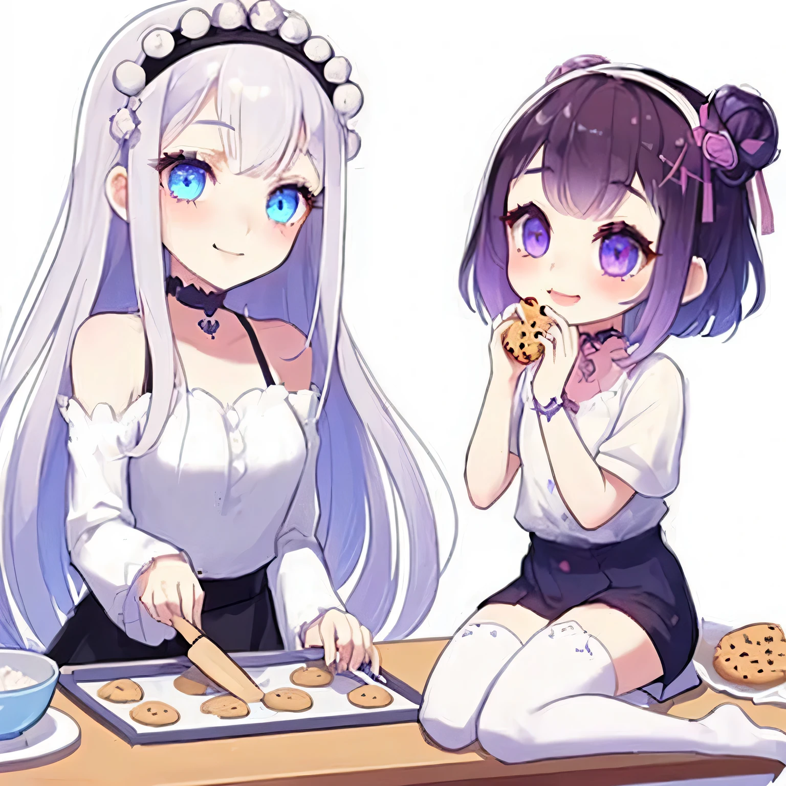 ((best quality)), ((masterpiece)), (detailed), perfect face, 2 girld, lesbian couple, one girl with long white hair and dark blue eyes and is tall and beautiful, looks fierce and bold, very tall, hot and other girl has short purple hair and purple eyes and is cute adorable and is bubbly and shorter, short height, baby face, blushing looks like innocent and shy, smiling, cookies, baking cookies