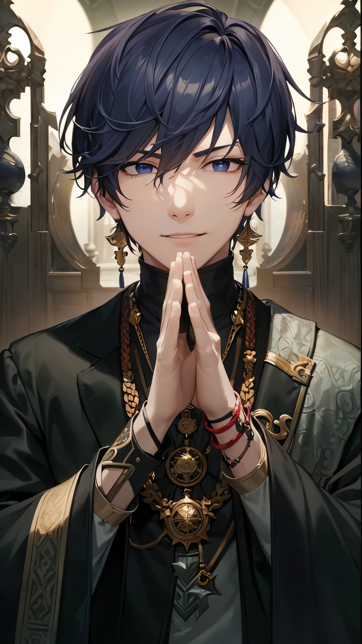 a handsome guy、serious expression、please close your mouth、hands together、cool look、manly、Highly Detailed CG Unity 8K Wallpaper, (super masterpiece, beautiful person, well detailed face polluted smile, It's photorealistic, hyper realistic)cool and cool face