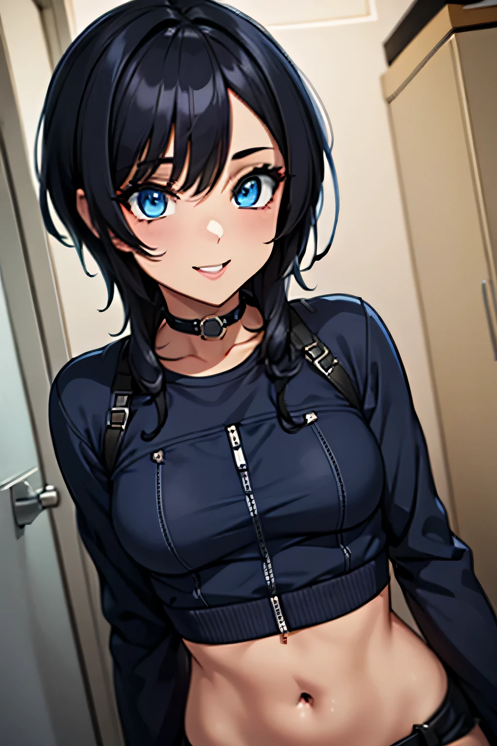 ((masterpiece)), (bestquality), ((ultra-detailed)), ((cinematic lighting)), depth of field, (dynamic angle),detailed lighting, (beautiful detailed blue eyes), 1girl, Punk Girl:1.4, goth girl:1.4, handing over a package, short black hair, tanned skin, Choker, tomboy, top and shorts, Jacket, smile, navel, small bust, Package in Hand: 1.4 , Delivery girl: 1.2, Delivery,