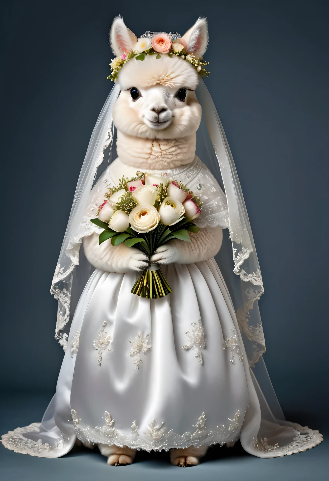 photorealistic portrait of Dressed animals - a ((fat)) baby white alpaca,(elegant pose), high quality,(lovely) ,intricate details, highly detailed ((wedding dress)) ,wearing highly detailed veil, highly detailed decorations ,holding flower bouquet, (happy), studio lighting,(full body image:1.5)