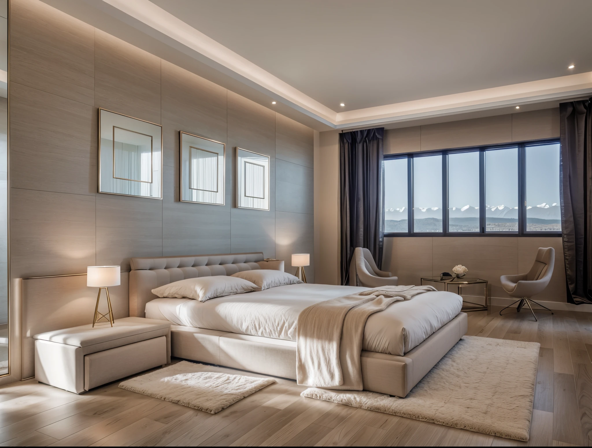 bedroom interior, luxury bedroom, (realistic:1.2), Raw photo,Masterpiece, high quality, best quality, authentic, super detail,