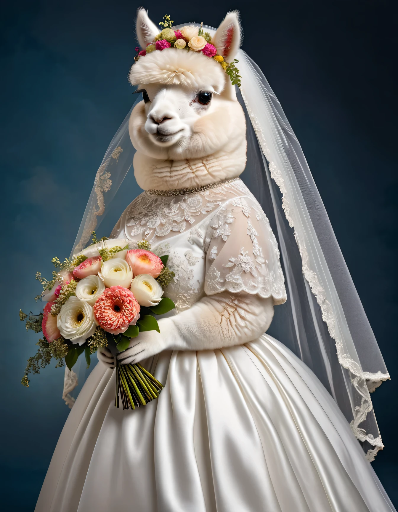 photorealistic portrait of Dressed animals - a ((fat)) white alpaca,(elegant pose), high quality,(lovely) ,intricate details, highly detailed ((wedding dress)) ,wearing highly detailed veil, highly detailed decorations ,holding flower bouquet, (happy), studio lighting,(full body image:1.5)