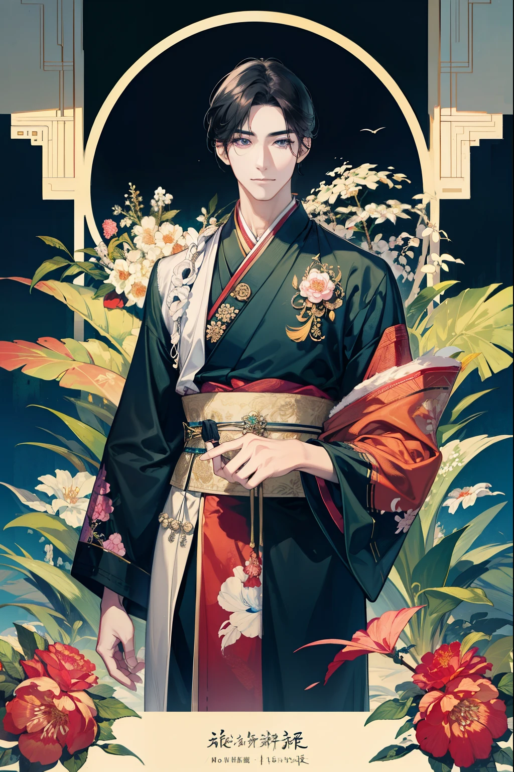 (Hoang Lap,High resolution,super detailed),1 male,As an adult,good looking,tall muscular male,broad shoulders,high quality eyes,dark hair,Asian,fanciful,complicated pattern,detailed face,Optimal ratio of 4 fingers and 1 thumb,icy,intense cold,cold wave,smile,(dutch angle),please shut your mouth,cold personality,overwhelmingly beautiful,Eyebrows become a picture,A young general with peach blossom eyes