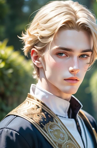 Nils Visser（Neels Visser）is a prince with golden blond hair, Wearing moss green medieval military uniform, Staring ahead with green eyes. whole body, Artwork by Greg Rutkoski