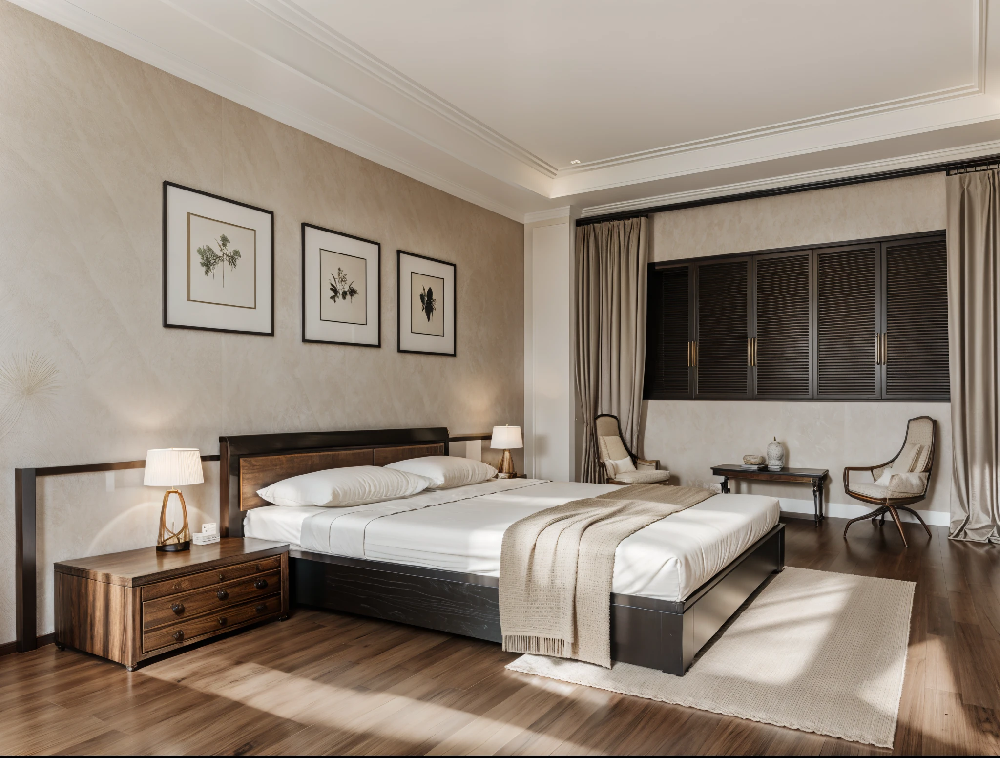 bedroom interior, indochine style interior, black wood furniture, wood floor, beige wall, (realistic:1.2), Raw photo,Masterpiece, high quality, best quality, authentic, super detail,