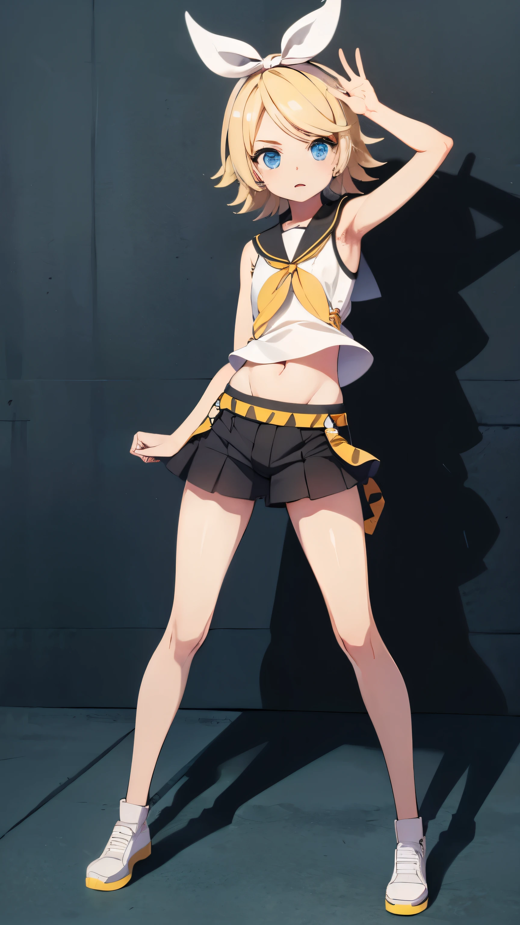 Kagamine rin , mini falda , bragas a la vista , rostro apenado , mejillas ruborizadas , viendo al espectador , imagen de cuerpo completo , (perfect body proportion)