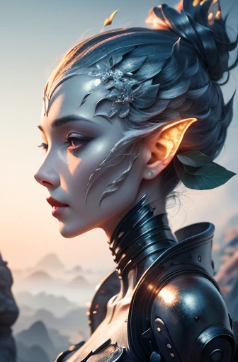 Beautiful female alien, Realistic style, biology, science fiction, dark, smooth texture, shiny exoskeleton, biology力学设计, elongated head, elongated chin, sharp teeth, sharp black eyes, slender figure, biology力学尾巴, translucent film, Spooky atmosphere, Lush alien landscape, Vibrant flora, mysterious rock formations, mood lighting, Fall, ethereal mist, distant alien sky, Fascinating celestial body