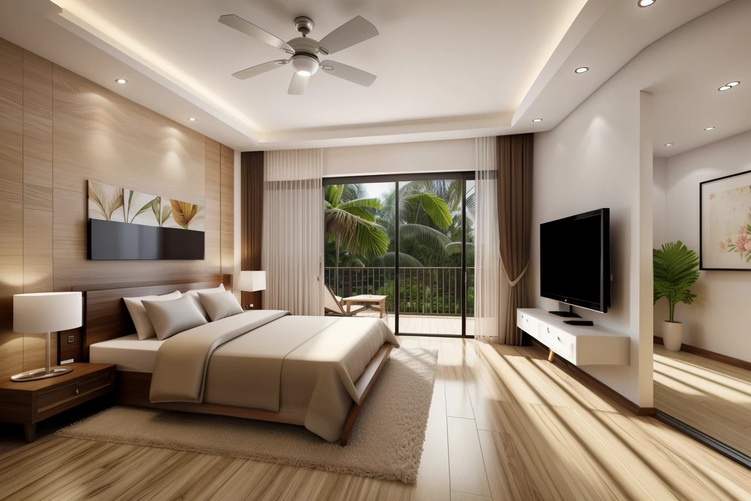 bedroom interior, tropical style, , open view, seaside, rose flower, banana fruit, , sunny, wood funiture, white wall, wood floor, (realistic:1.2) , raw photo, high quality, authentic, super detail