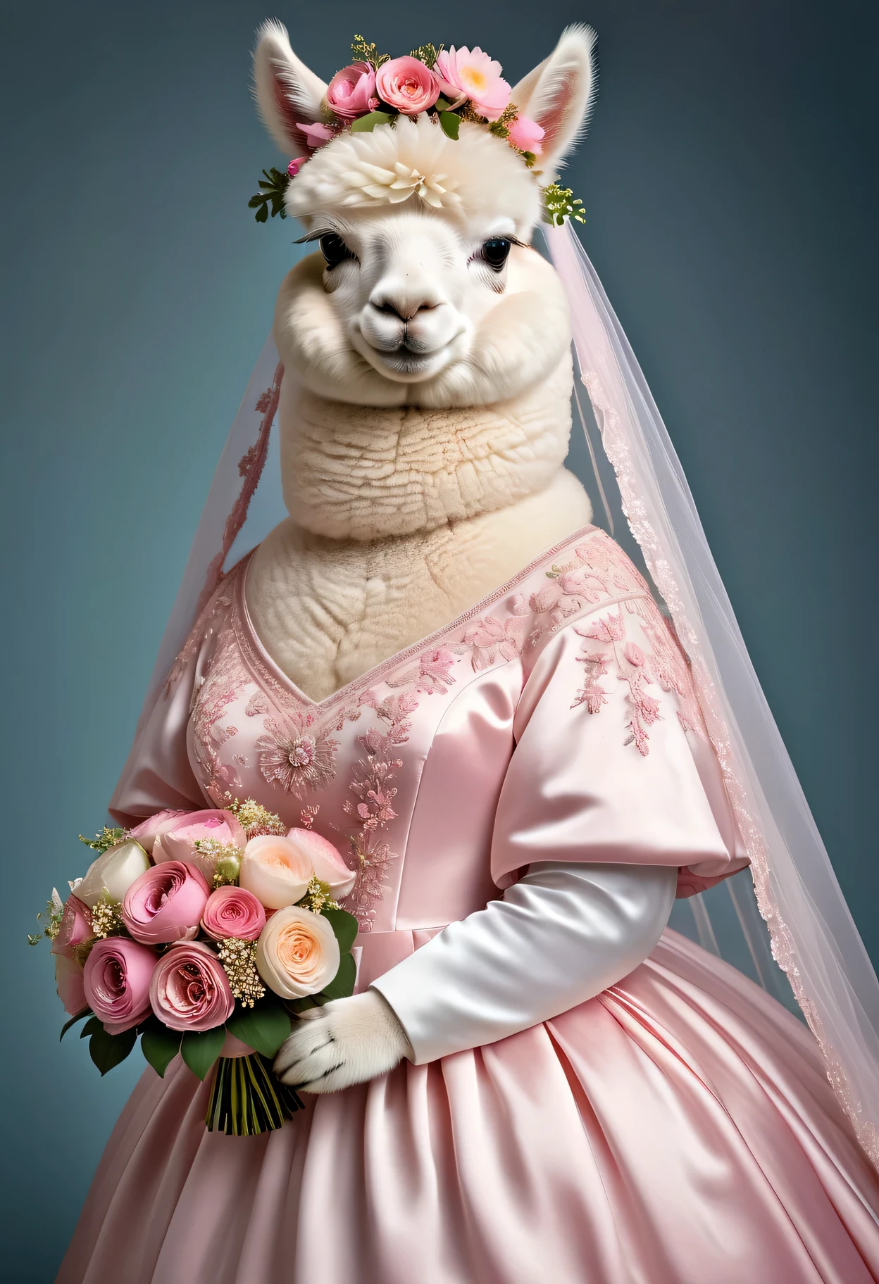 photorealistic portrait of Dressed animals - a ((fat)) white alpaca,(elegant pose), high quality,(lovely) ,intricate details, highly detailed ((pink wedding dress)) ,wearing highly detailed veil, highly detailed decorations ,holding flower bouquet, (happy), studio lighting,(full body image from head to toe:1.5)