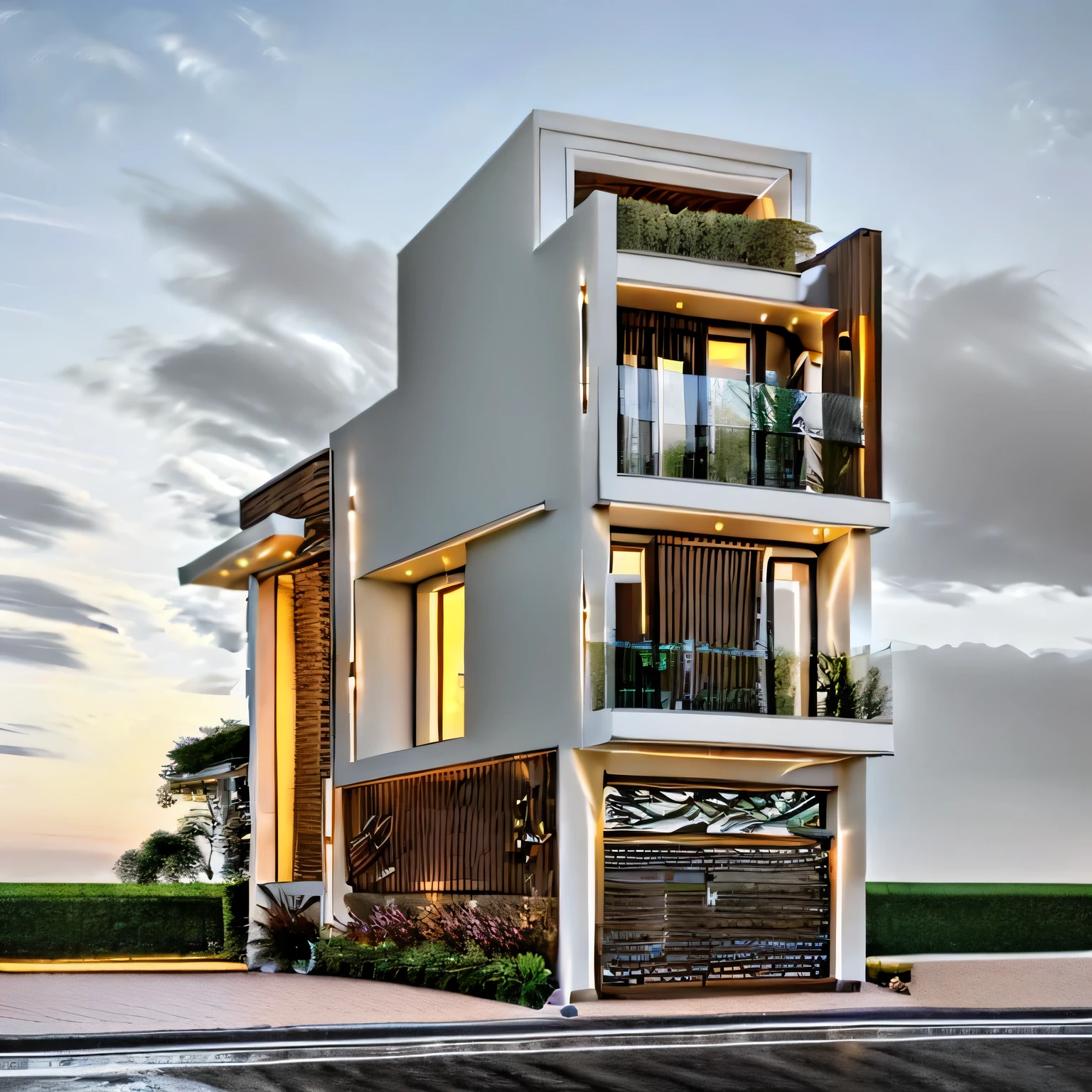 Perspective of a modern house with a large enough front yard, main materials are light yellow walls, stone and wood, a road running in front of the house, (RAW photo, real, best quality, masterpiece: 1.2), current view modern minimalist, 1 street in front of house, shime ring light, indoor brightness:1.2, dynamic lighting:1.3, (hyper-realistic, photo-realistic:1.2), high quality, daylight, contrast high:0.5 perfect light, Archdaily, contemporary masterpiece award, award winning contemporary, beautifully designed masterpiece, spacious modern mansion, modern neo-traditional, wide angle exterior 2022 , mid-century modern, contemporary home, stylish modern feel, long front view, award-winning modern design, stunning lines, residential, exquisite details, indoors gently:1.3