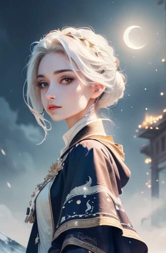 masterpiece, (best quality: 1.2), (Ultra-fine: 1.2), illustration, (extremely delicate and beautiful: 1.2), film angle, floating, (beautiful details eyes: 1.1), (Detail lights: 1.1), movie lights, exquisite sky, Miss, white hair, blue eyes, (high ponytail: 1.1), Cloak, glowing eyes, (moon: 1.2), (moonlight: 1.1), starry sky, (light particles: 1.1), FOG , snow painting, sketch, bloom