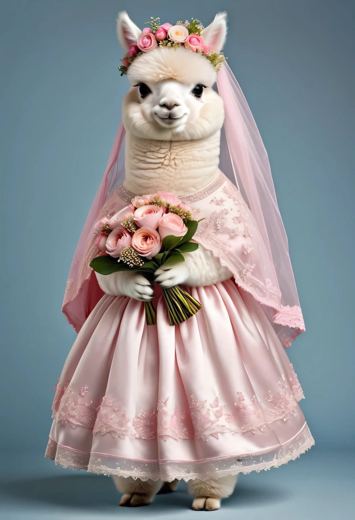 photorealistic portrait of Dressed animals - a ((fat)) baby white alpaca,(elegant pose),(from side:1.5), high quality,(lovely) ,intricate details, highly detailed ((pink wedding dress)) ,wearing highly detailed veil, highly detailed decorations ,holding flower bouquet, (happy), studio lighting,(full body image from head to toe:1.5)