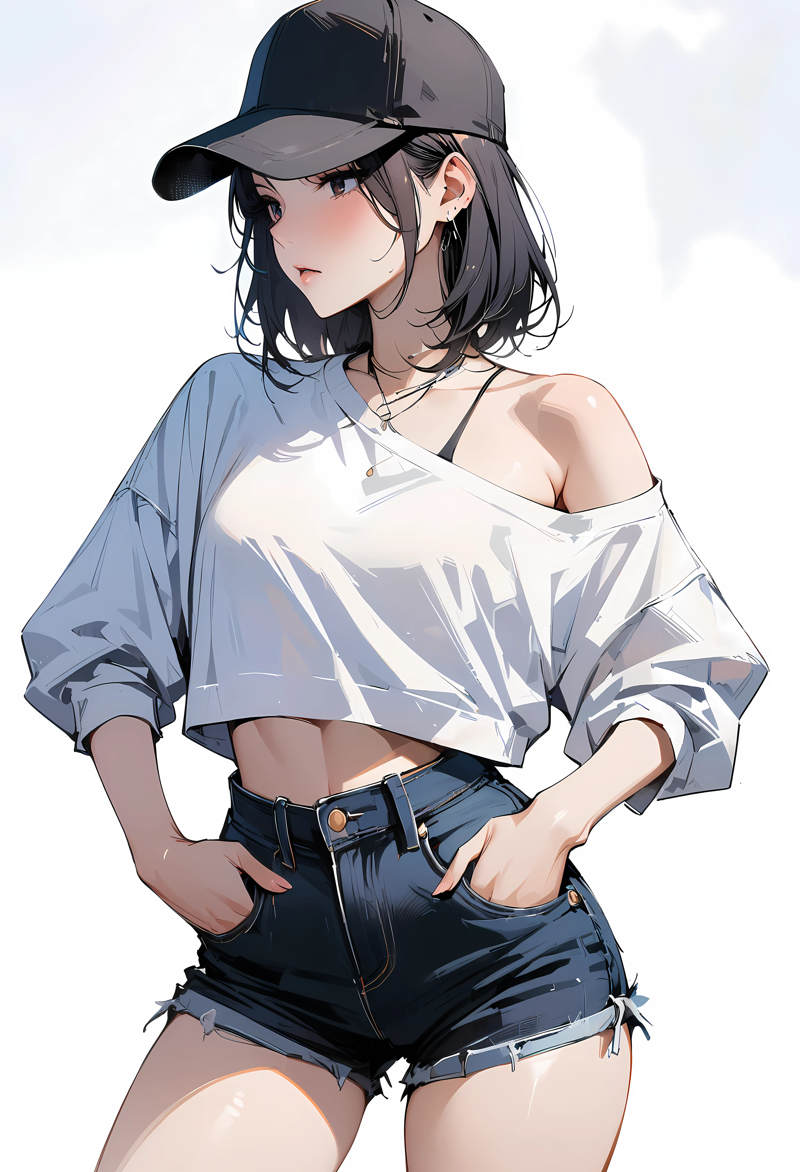 (masterpiece, best quality:1.2), 1 girl, alone , sexy ,  (cutoff-jeans) , (cowboy shot) , black hair ,  (white top) , black cap