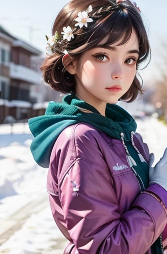 girl, brown hair, bob hairstyle, Have bangs, Purple snow jacket with green sweater, hands crossed, Slightly serious expression, big eyes,  White gloves, blue eyes,