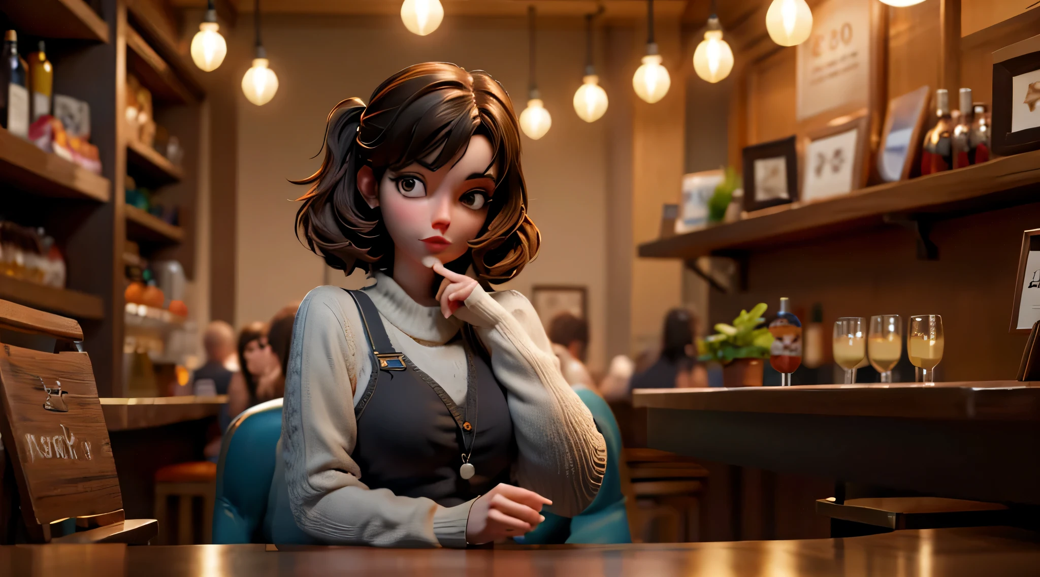 (mejor calidad, 8K, obra maestra: 1.3)) panoramic of a street, de una zona comercial, con un cafe, una restaurante, con mucha gente, una chica vestida tiernamente , Estilo Pixar, gloomy, Negativo, retorcido, strange,