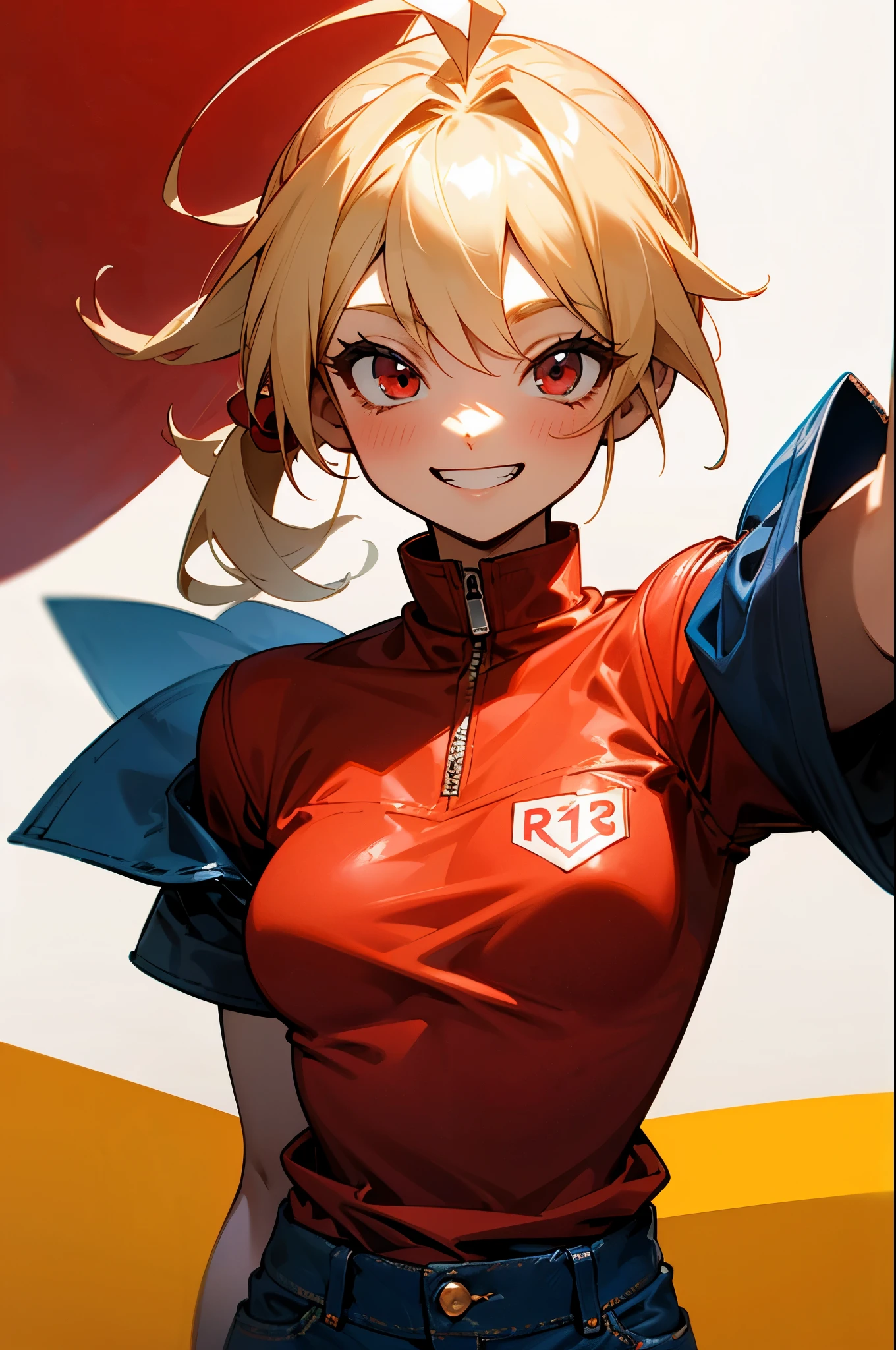 girl、blonde ponytail、Ahoge、big round red eyes、grin、small breasts、white t-shirt、red leather rider jacket、blue jeans pants、upper body close-up