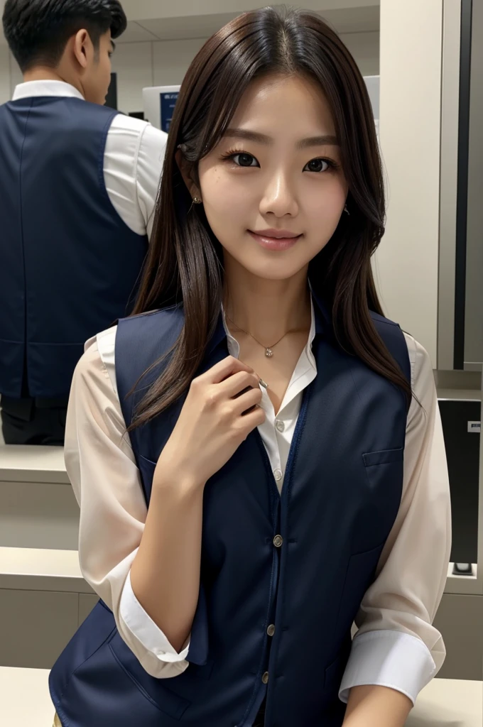 Female bank clerk sitting behind the counter at a bank teller、白いシャツブラウスの上にwearing a navy vestビジネスユニフォーム、(wearing a navy vest:1.5), (He wears a plastic name plate on the chest of his vest.), unbuttoning shirt blouse、A sexy bra is visible from the chest of the shirt blouse that is wide open.、