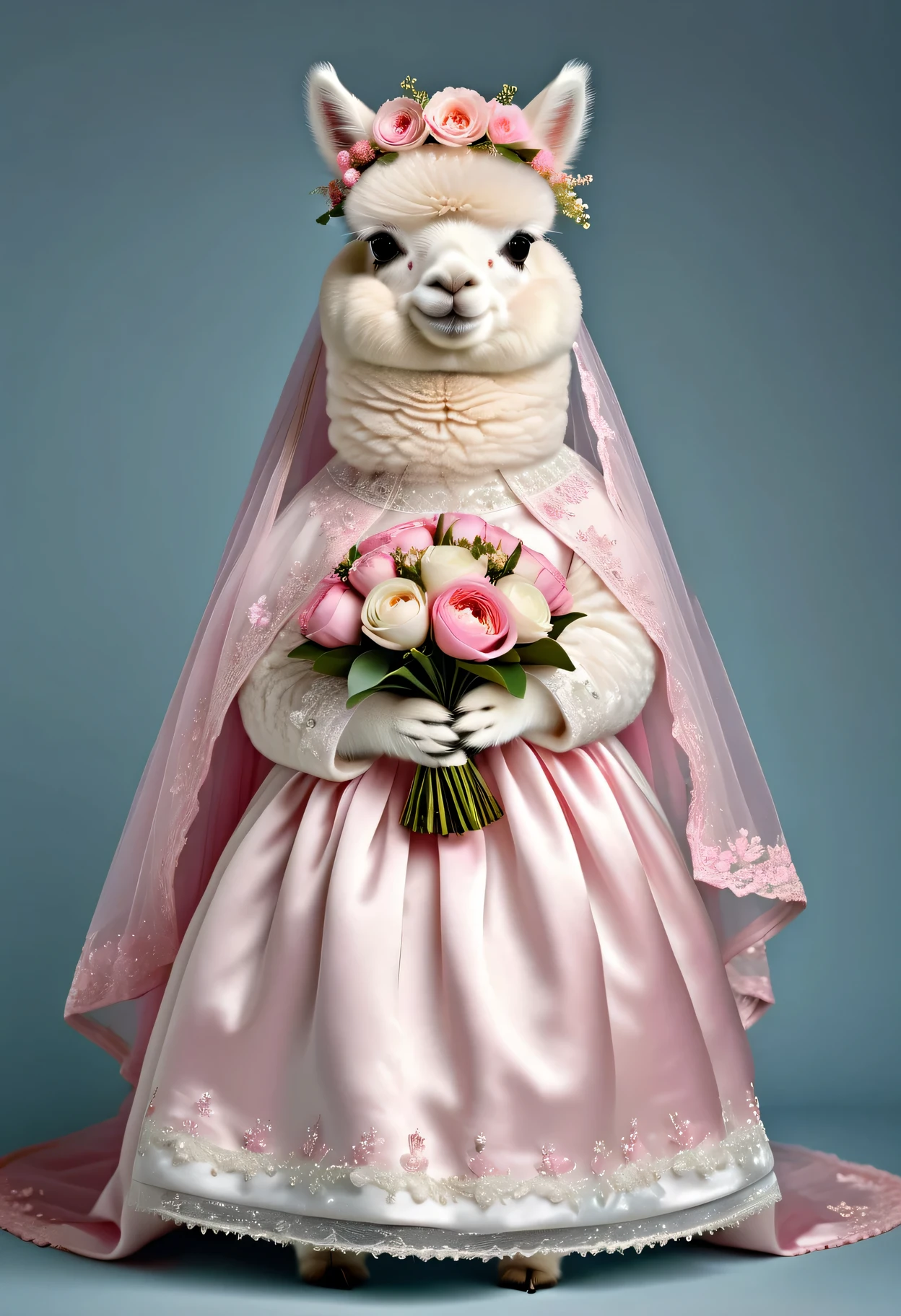 photorealistic portrait of Dressed animals - a ((fat)) baby white alpaca,(elegant pose),, high quality,(lovely) ,intricate details, highly detailed ((pink wedding dress)) ,wearing highly detailed veil, highly detailed decorations ,holding flower bouquet, (happy), studio lighting,(full body image from head to toe:1.5)
